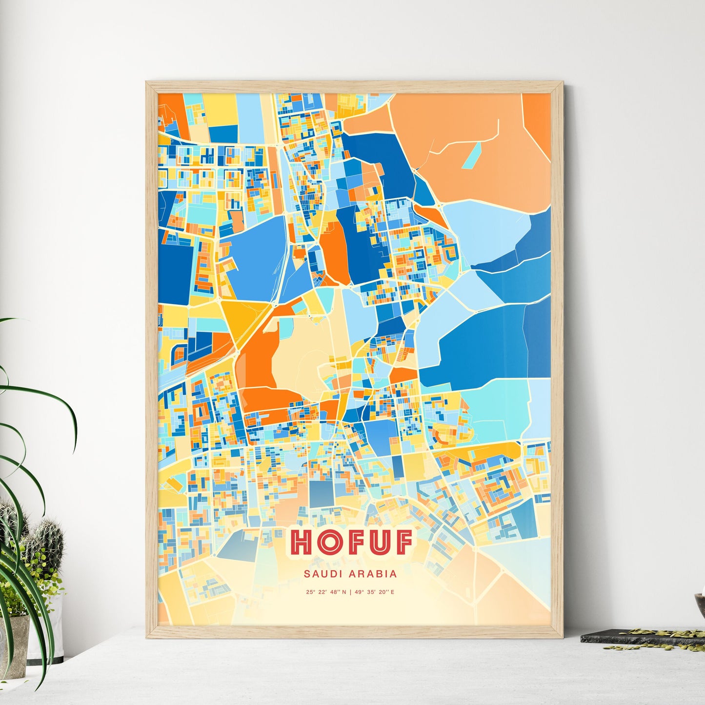 Colorful HOFUF SAUDI ARABIA Fine Art Map Blue Orange