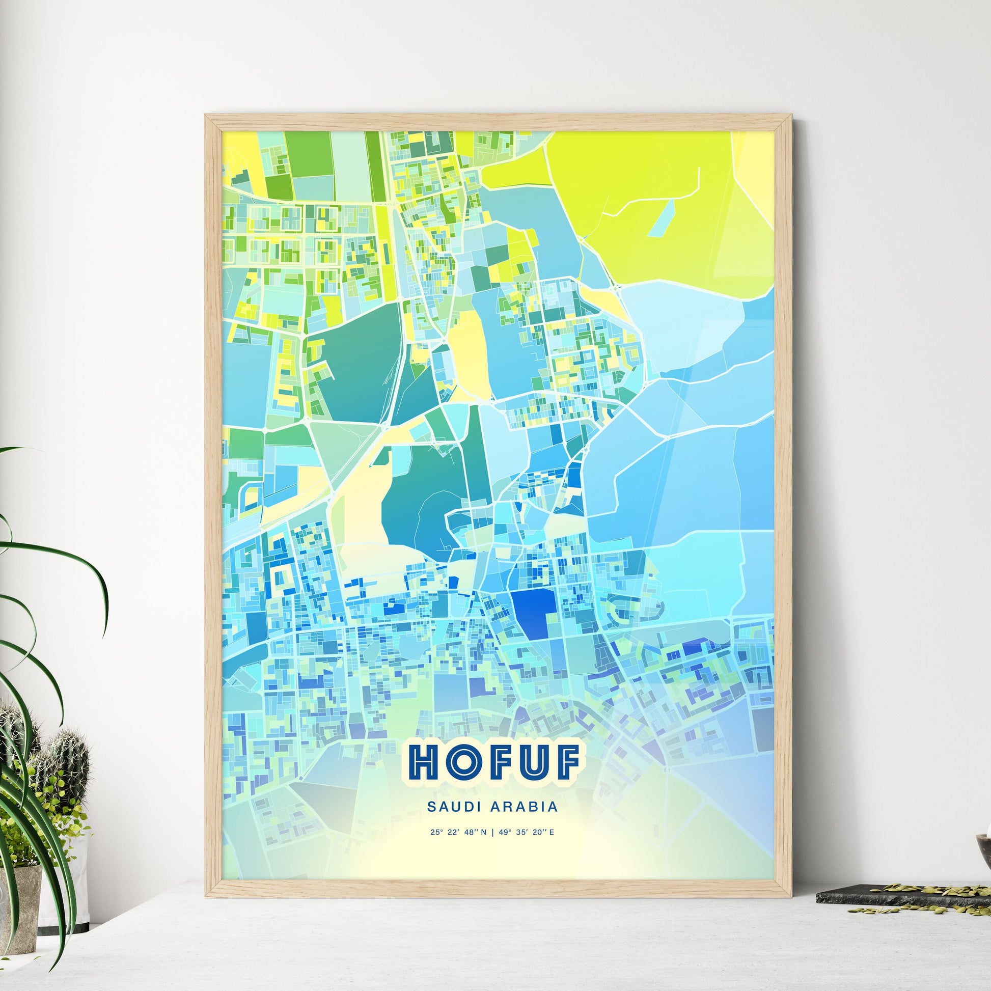 Colorful HOFUF SAUDI ARABIA Fine Art Map Cool Blue