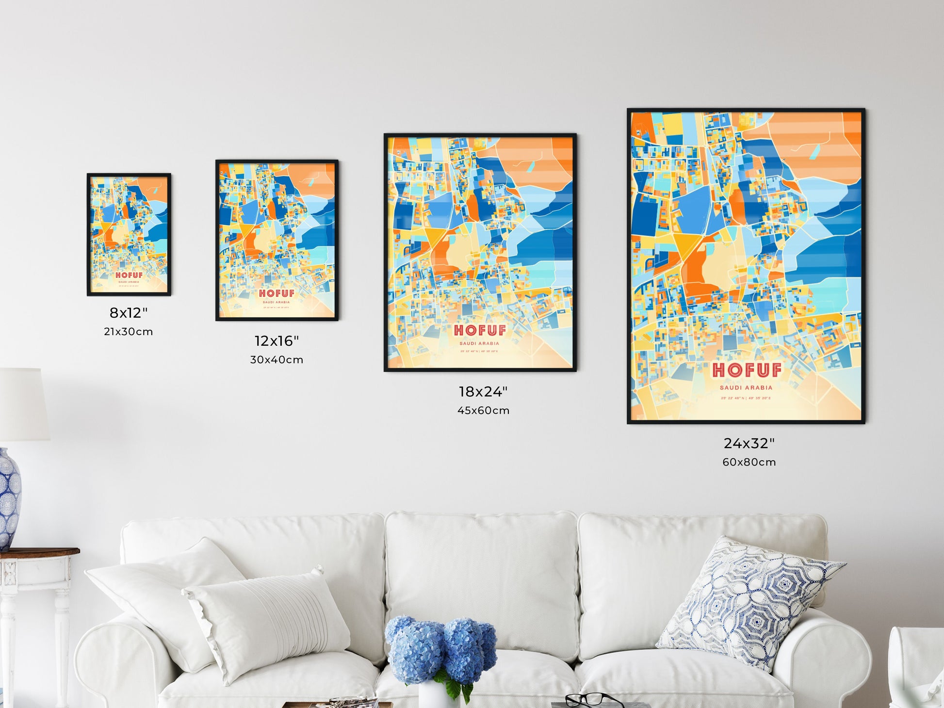 Colorful HOFUF SAUDI ARABIA Fine Art Map Blue Orange