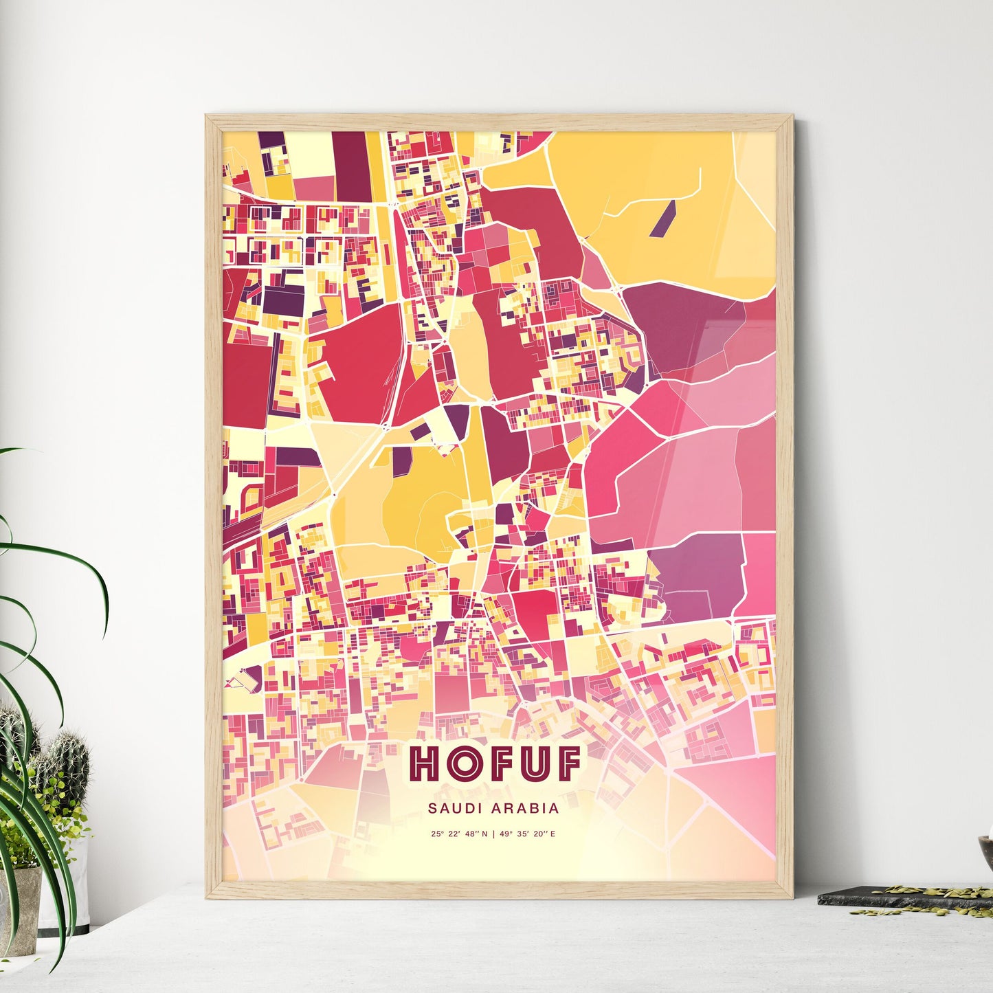 Colorful HOFUF SAUDI ARABIA Fine Art Map Hot Red