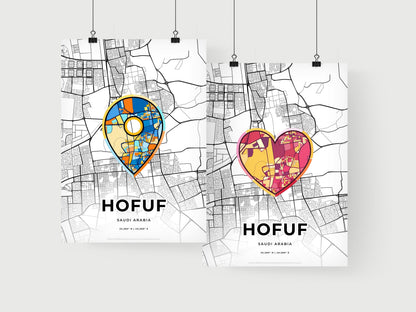 HOFUF SAUDI ARABIA minimal art map with a colorful icon. Where it all began, Couple map gift.