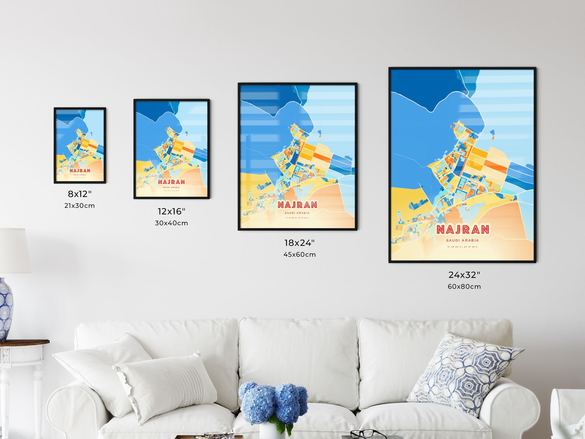 Colorful NAJRAN SAUDI ARABIA Fine Art Map Blue Orange