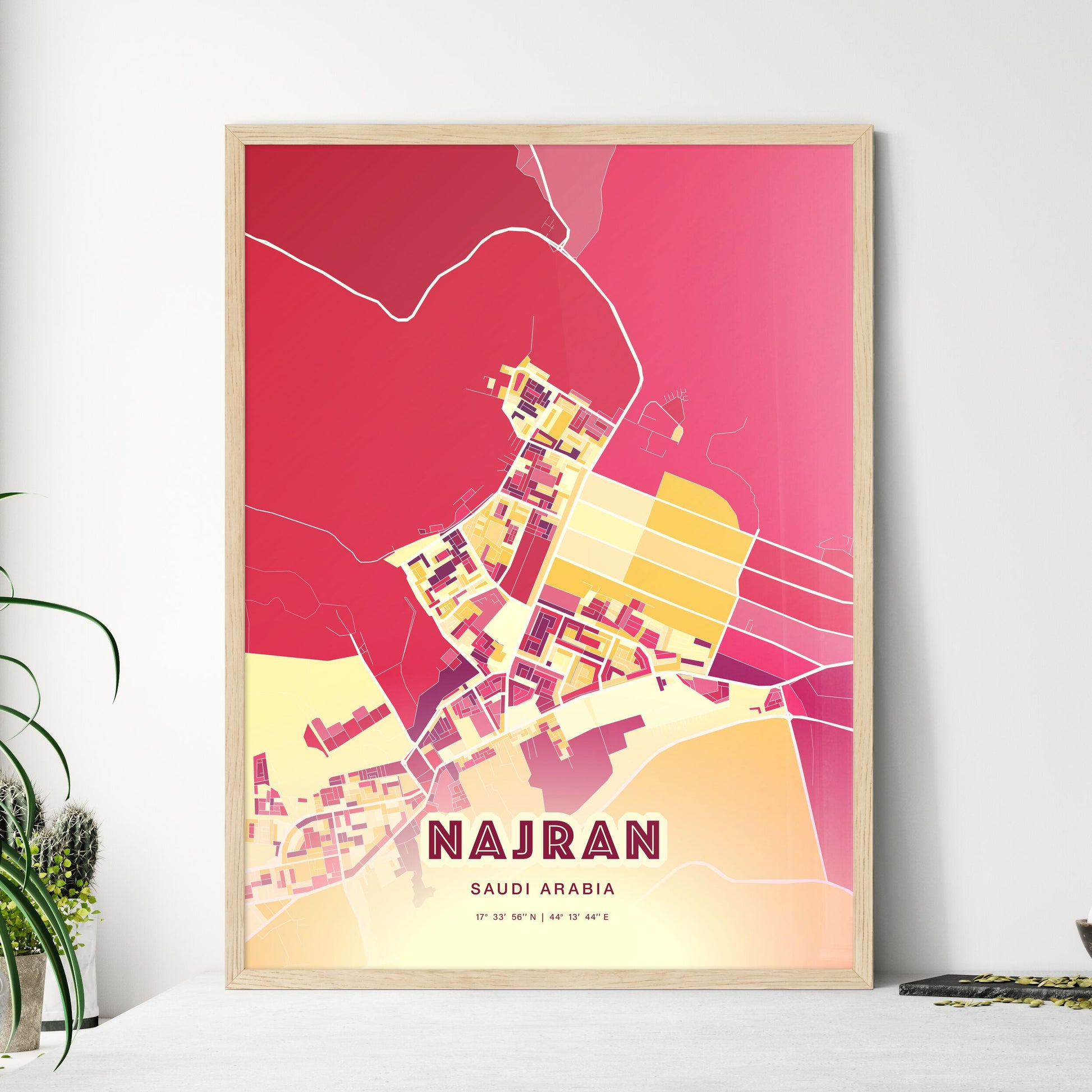 Colorful NAJRAN SAUDI ARABIA Fine Art Map Hot Red