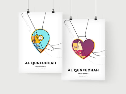 AL QUNFUDHAH SAUDI ARABIA minimal art map with a colorful icon. Where it all began, Couple map gift.
