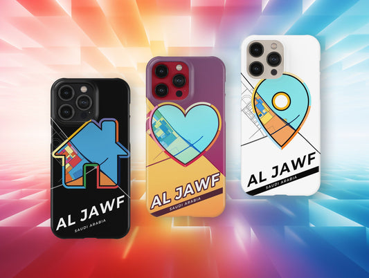 Al Jawf Saudi Arabia slim phone case with colorful icon. Birthday, wedding or housewarming gift. Couple match cases.