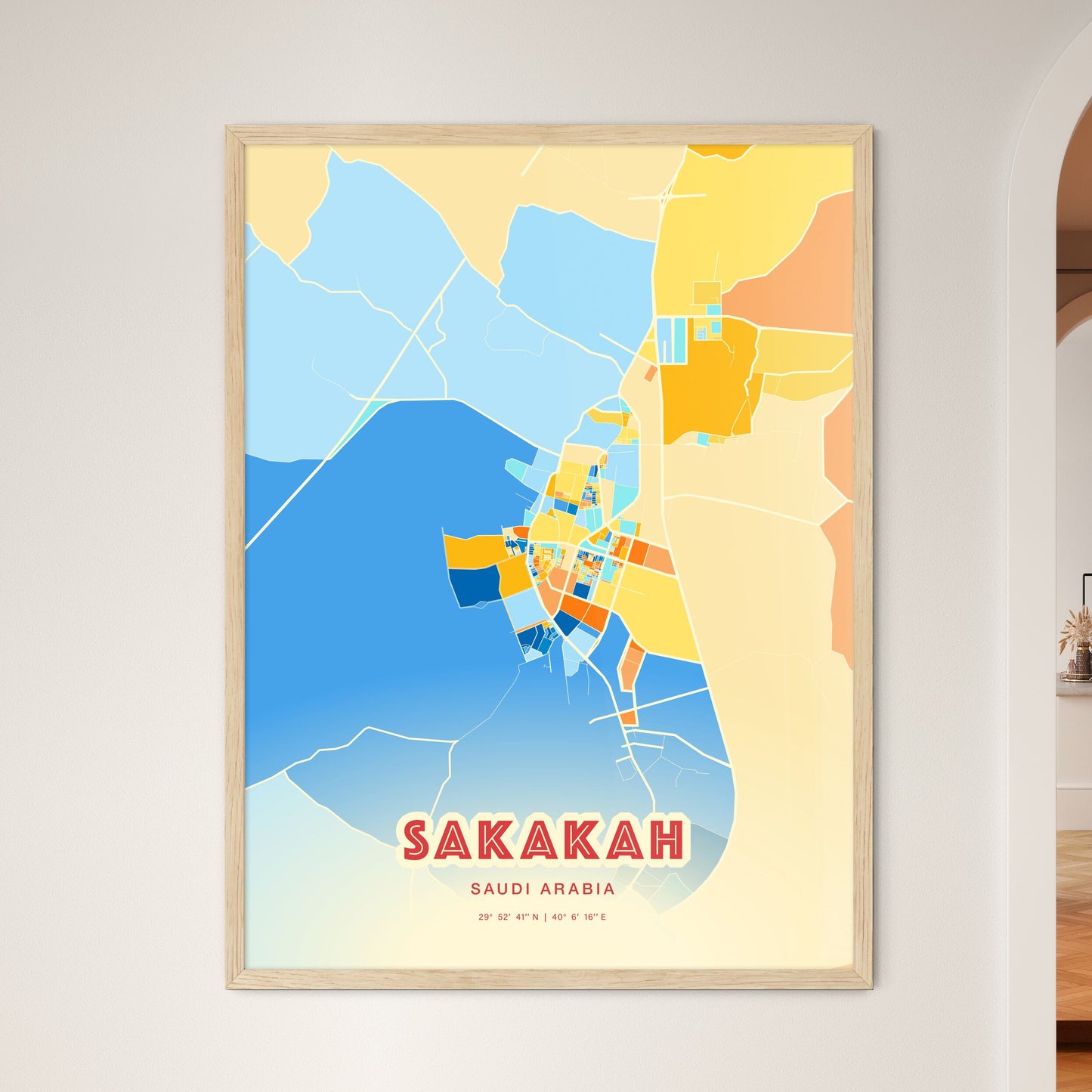 Colorful SAKAKAH SAUDI ARABIA Fine Art Map Blue Orange