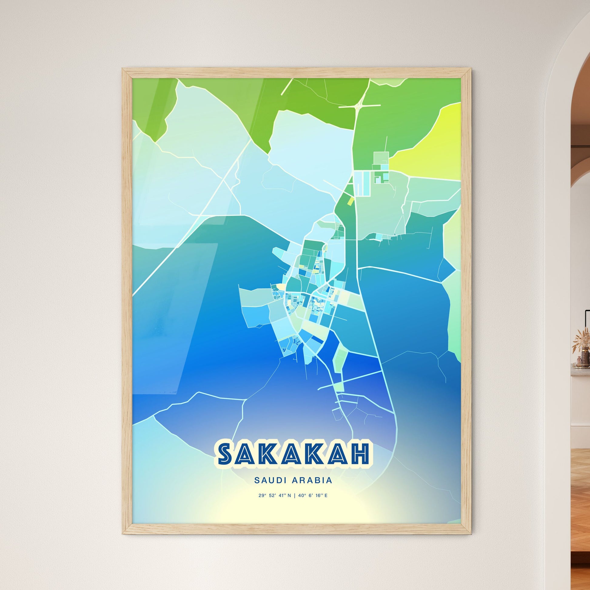 Colorful SAKAKAH SAUDI ARABIA Fine Art Map Cool Blue