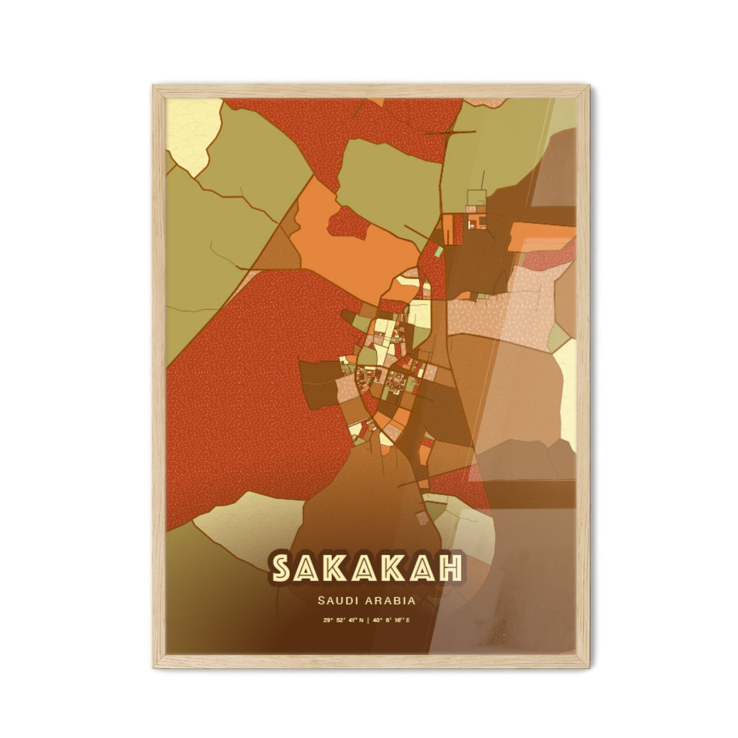 Colorful SAKAKAH SAUDI ARABIA Fine Art Map Farmhouse