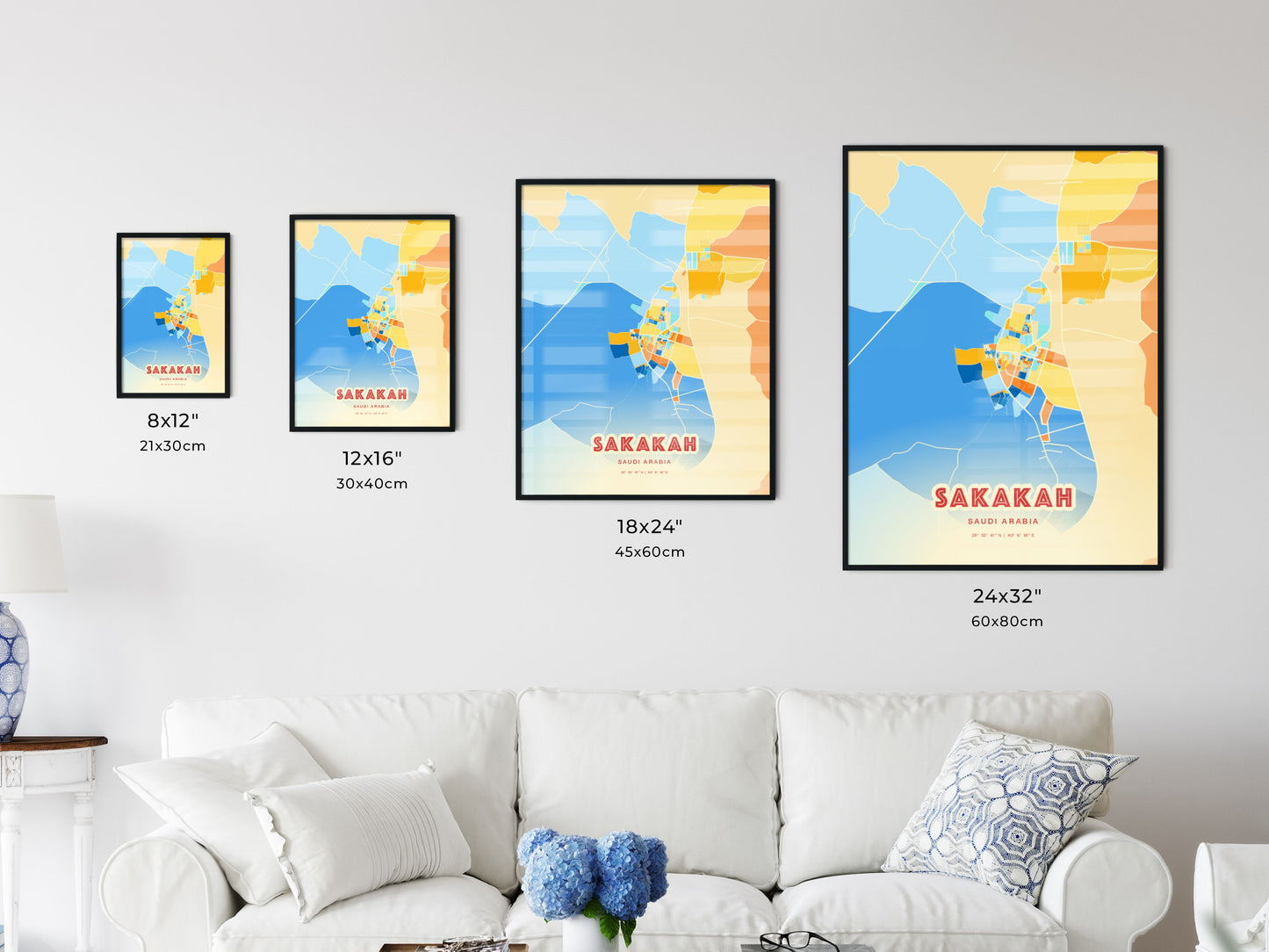 Colorful SAKAKAH SAUDI ARABIA Fine Art Map Blue Orange