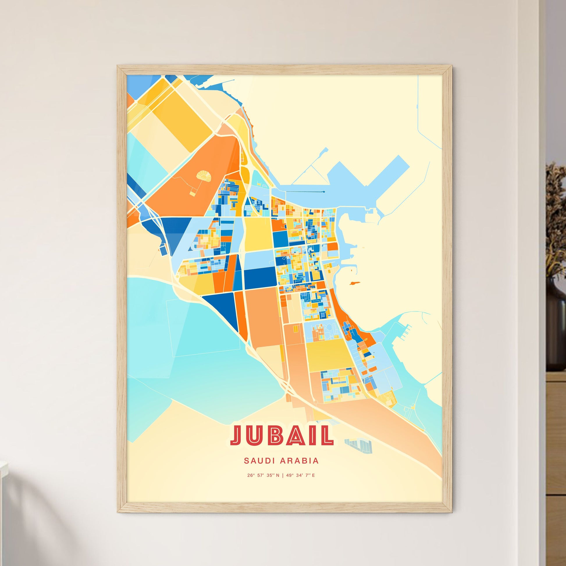 Colorful JUBAIL SAUDI ARABIA Fine Art Map Blue Orange