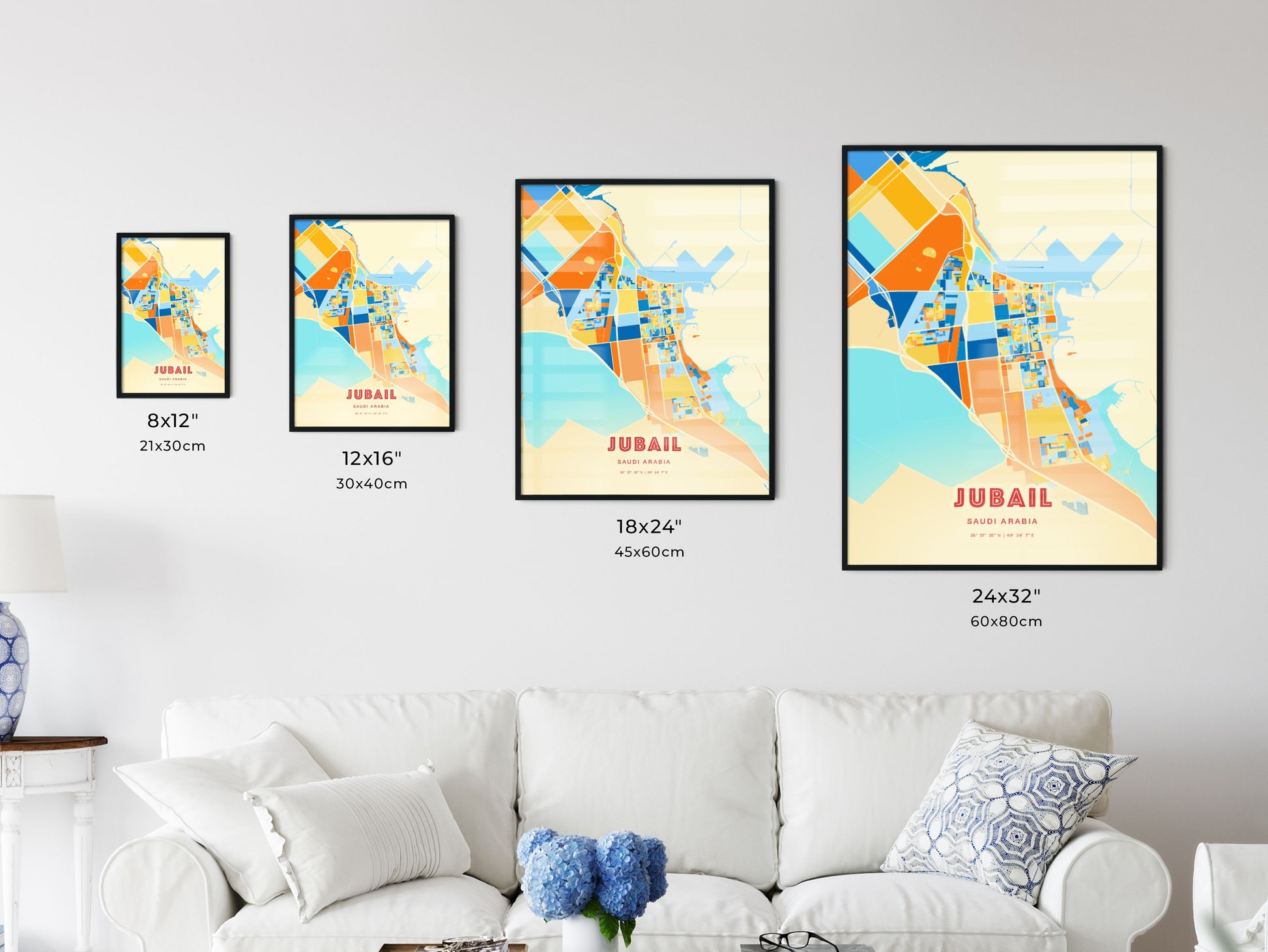 Colorful JUBAIL SAUDI ARABIA Fine Art Map Blue Orange