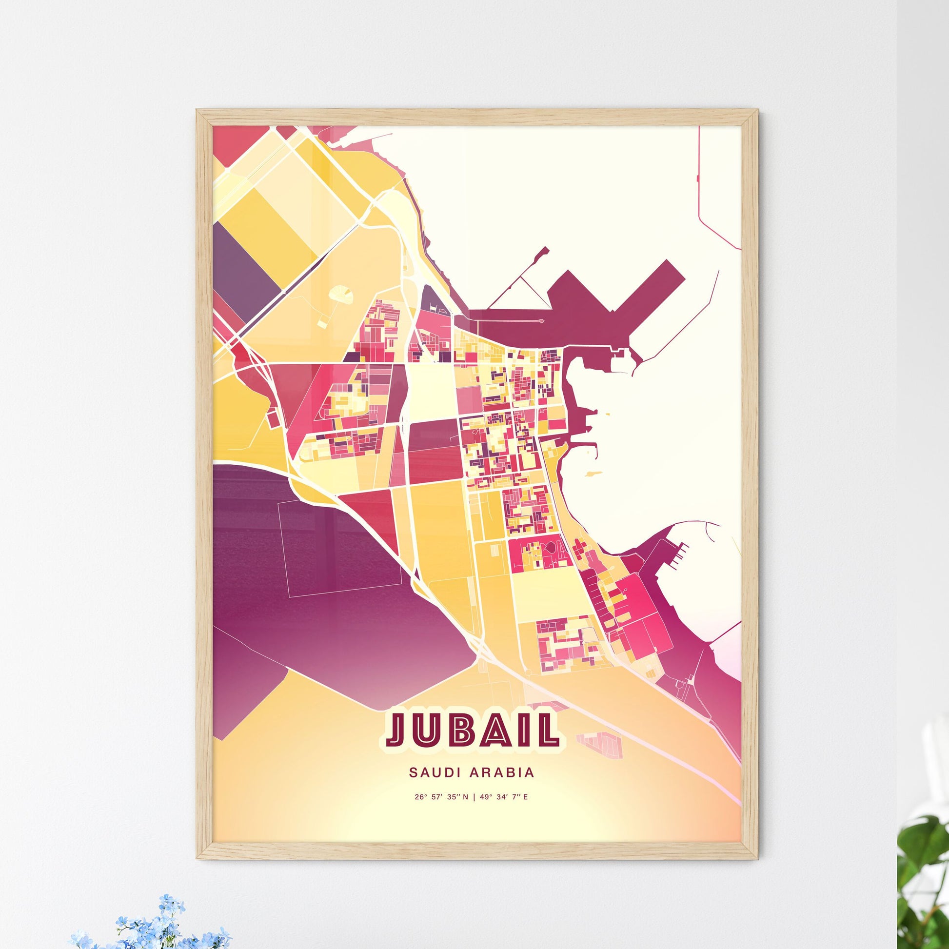 Colorful JUBAIL SAUDI ARABIA Fine Art Map Hot Red