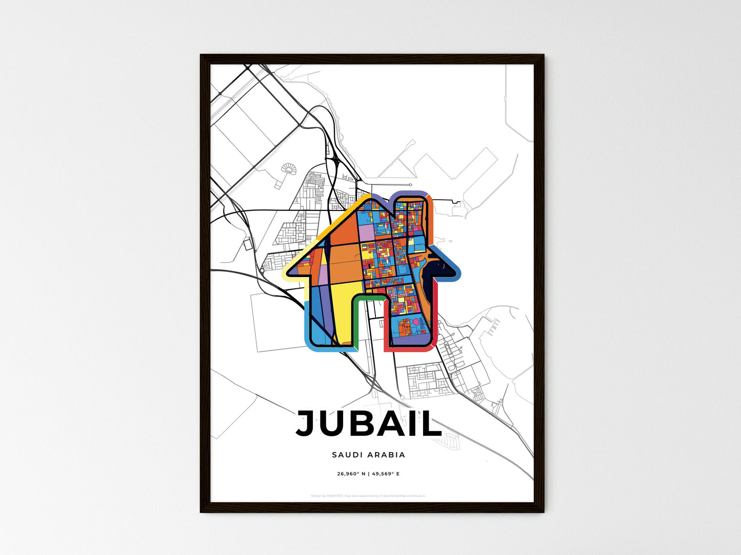JUBAIL SAUDI ARABIA minimal art map with a colorful icon. Where it all began, Couple map gift. Style 3