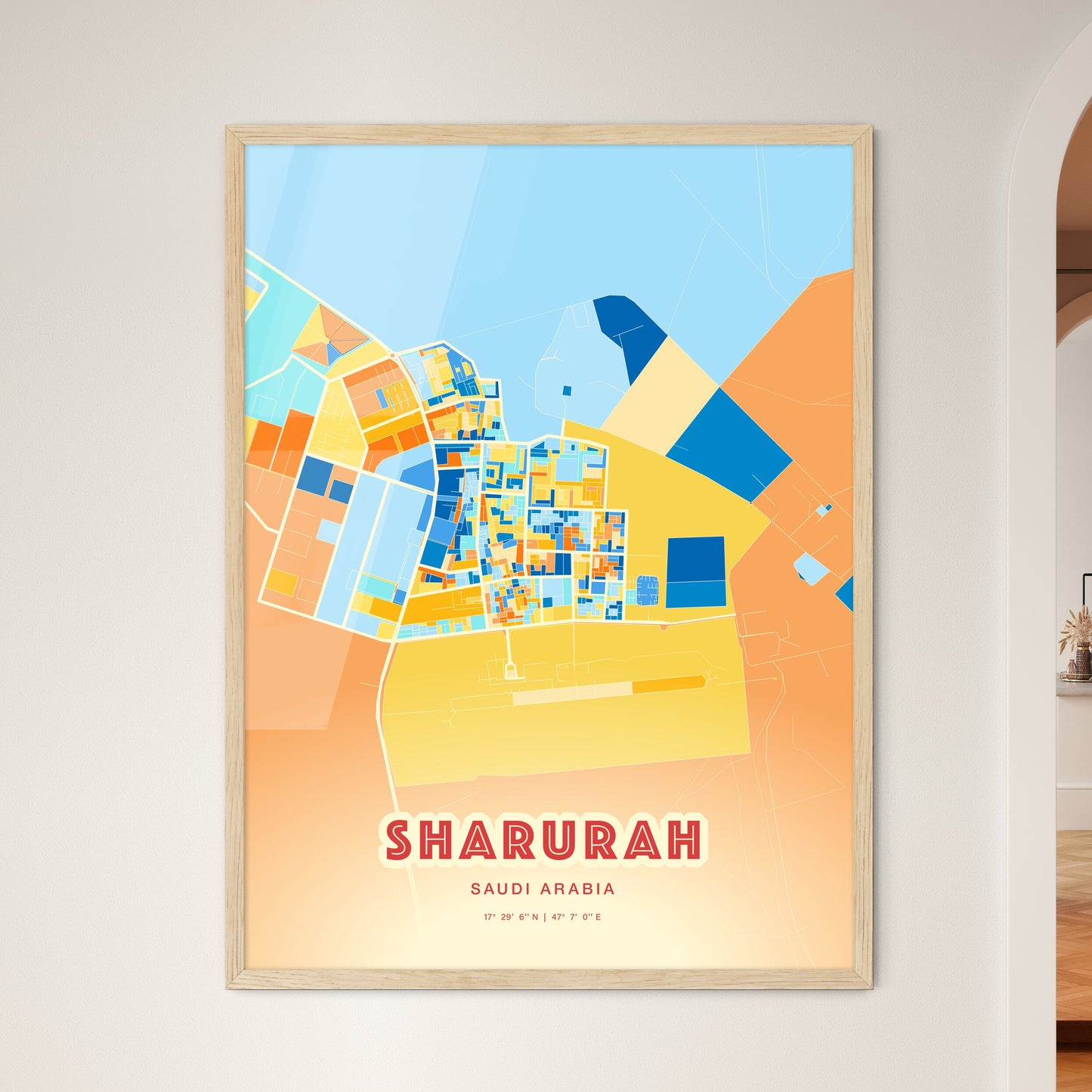 Colorful SHARURAH SAUDI ARABIA Fine Art Map Blue Orange