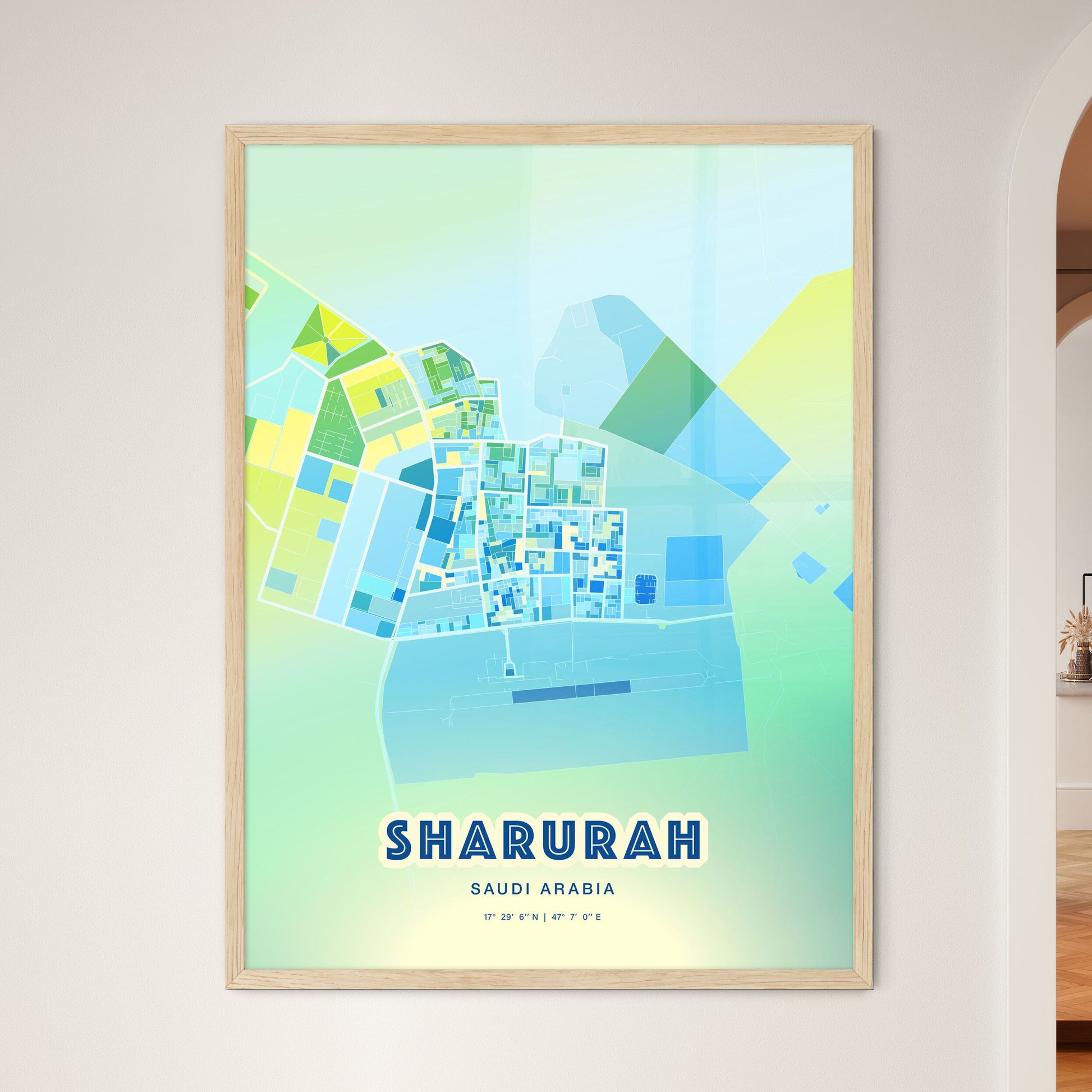 Colorful SHARURAH SAUDI ARABIA Fine Art Map Cool Blue