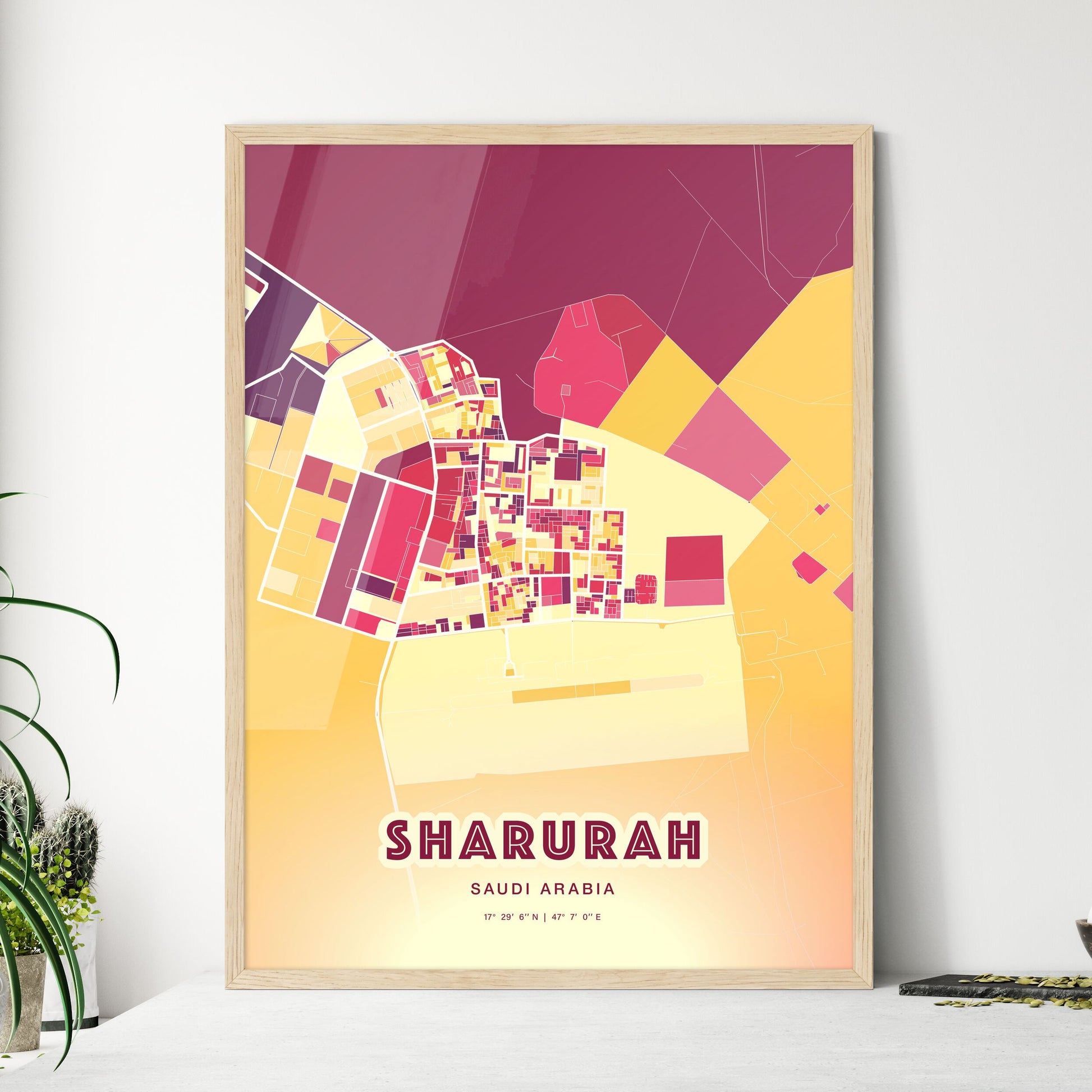 Colorful SHARURAH SAUDI ARABIA Fine Art Map Hot Red