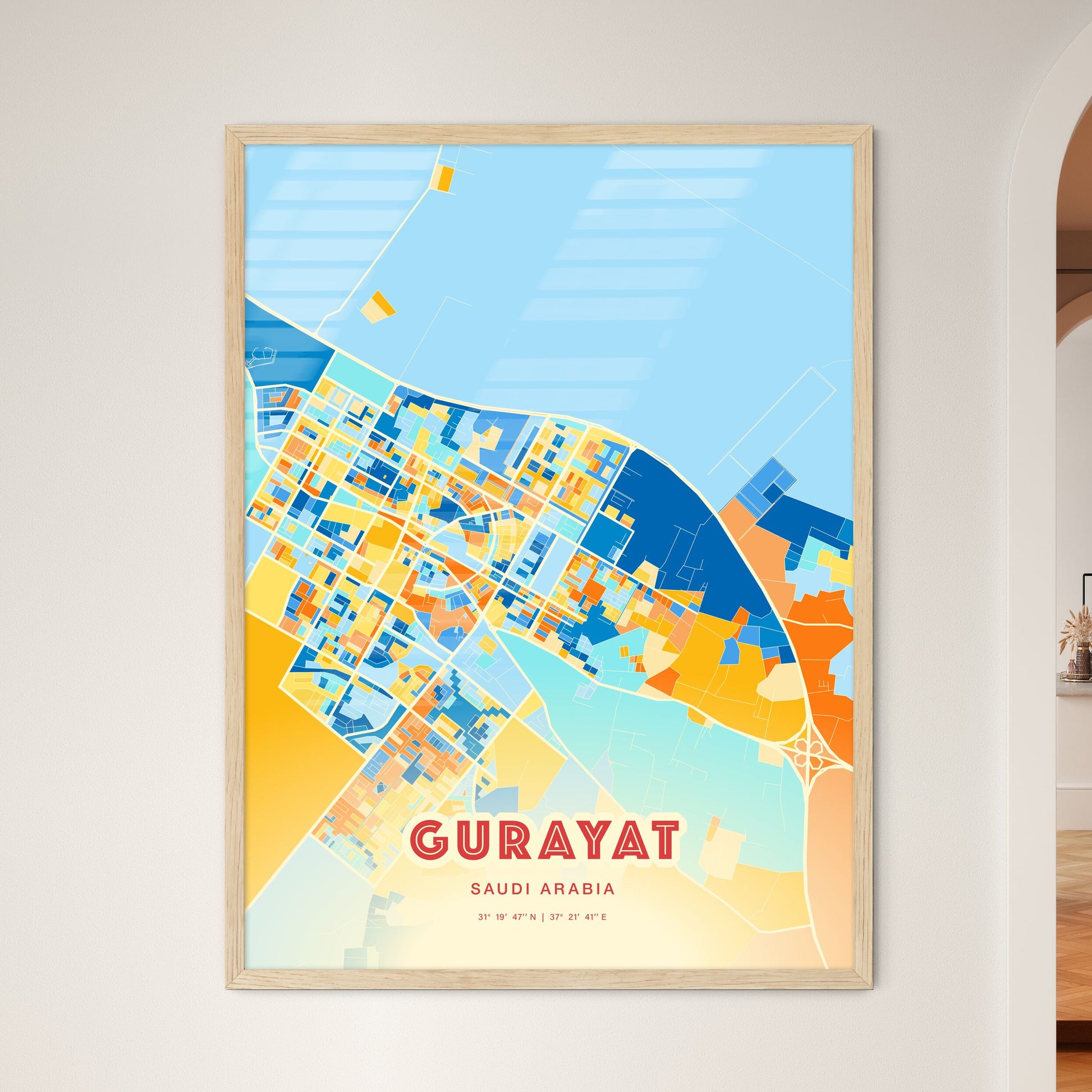 Colorful GURAYAT SAUDI ARABIA Fine Art Map Blue Orange