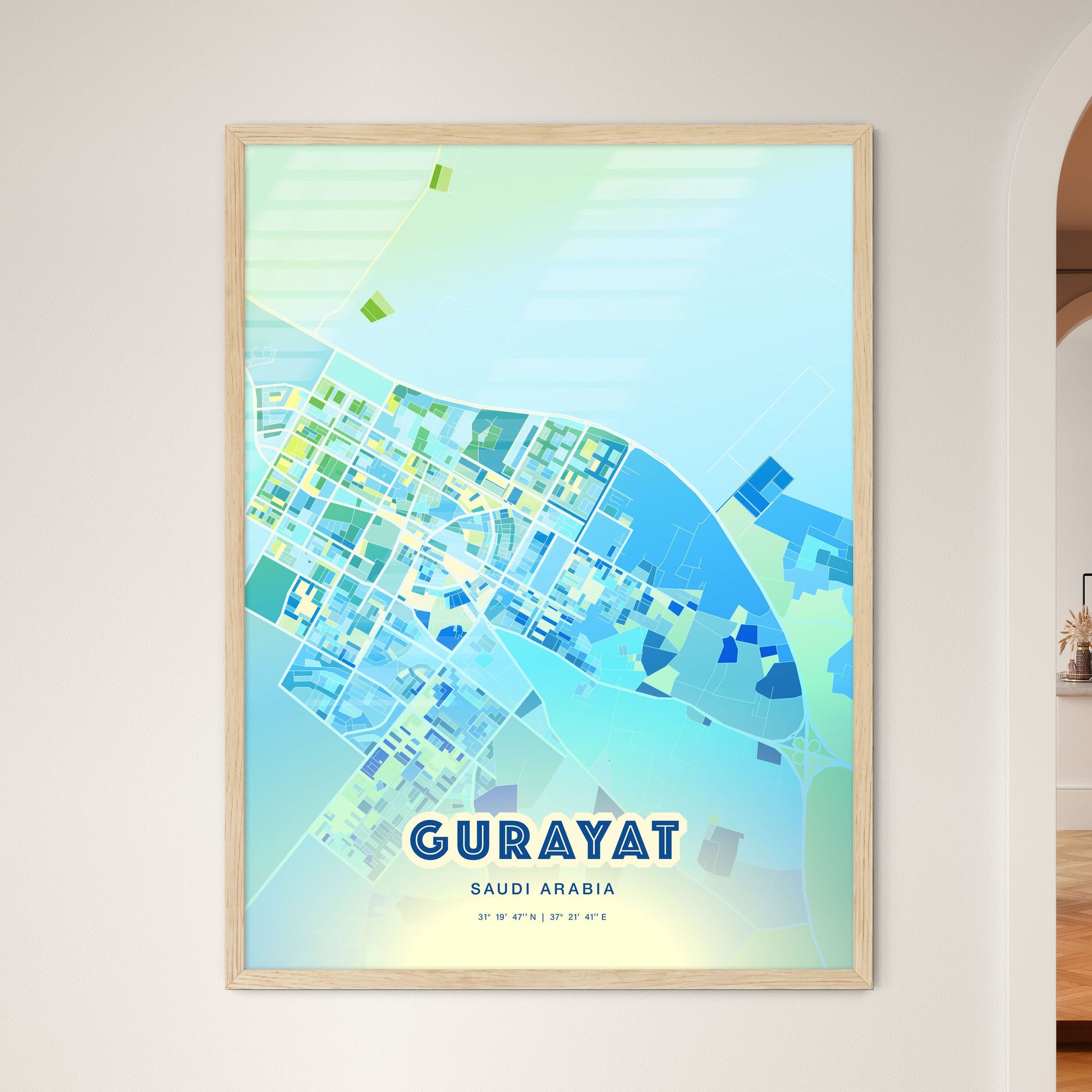 Colorful GURAYAT SAUDI ARABIA Fine Art Map Cool Blue