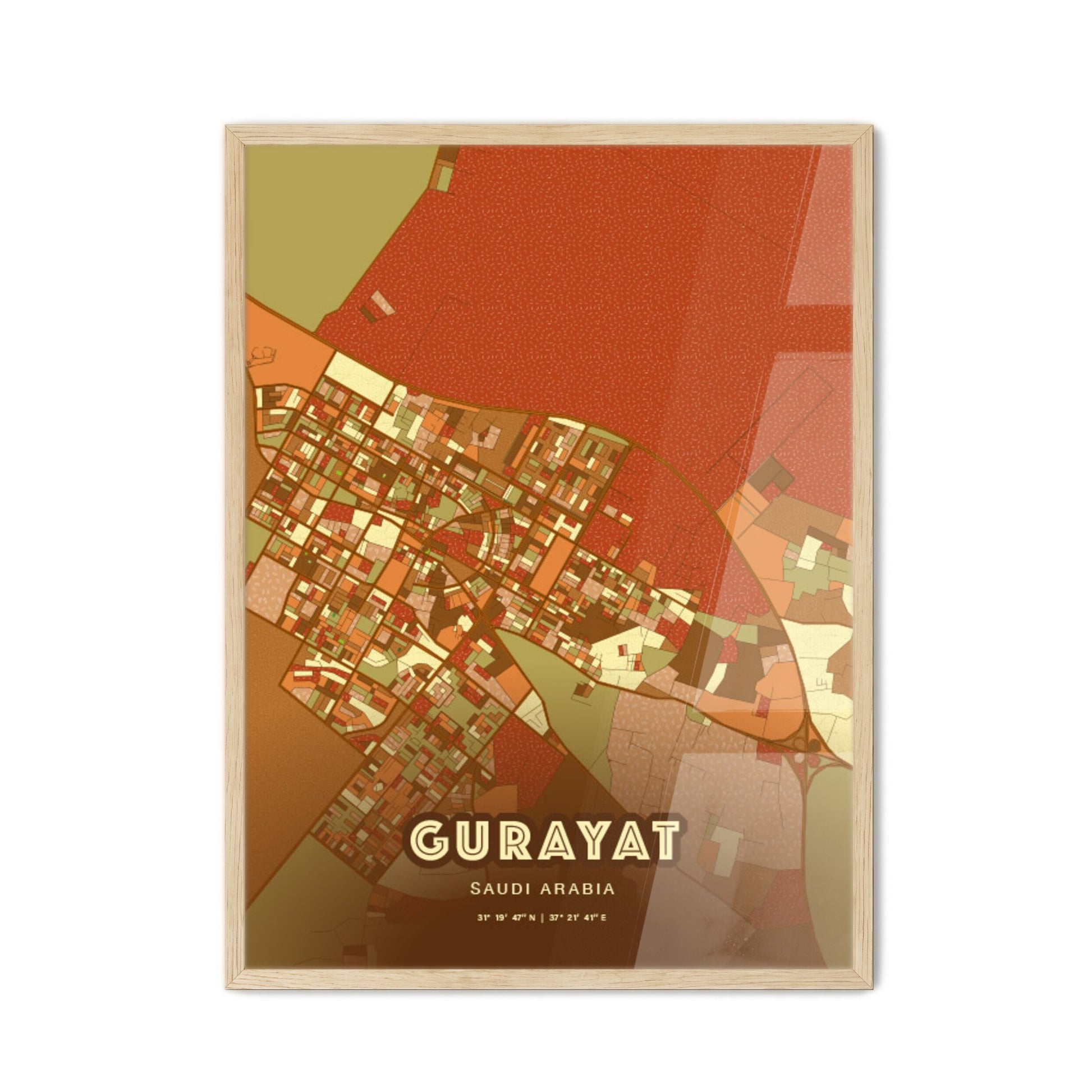 Colorful GURAYAT SAUDI ARABIA Fine Art Map Farmhouse