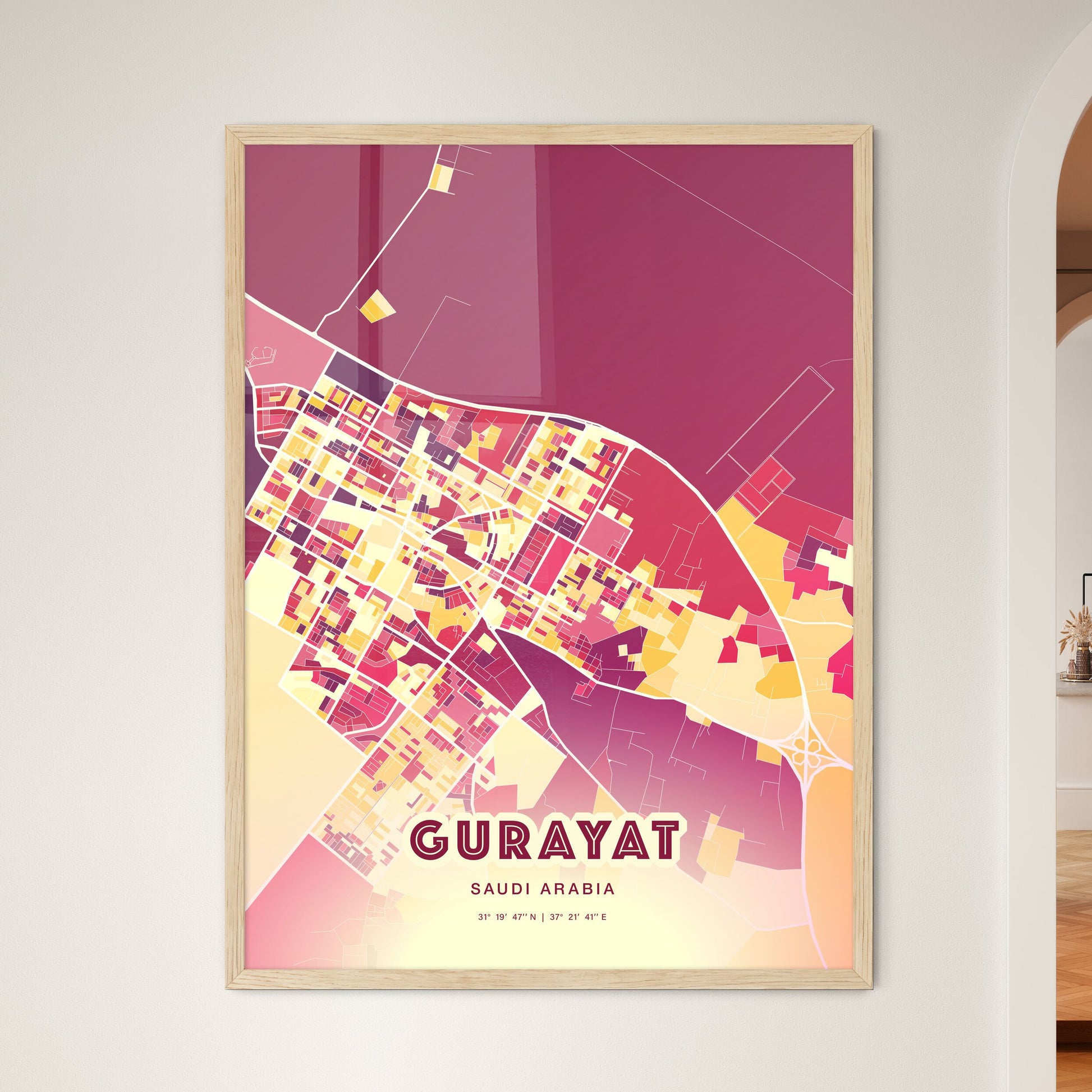 Colorful GURAYAT SAUDI ARABIA Fine Art Map Hot Red