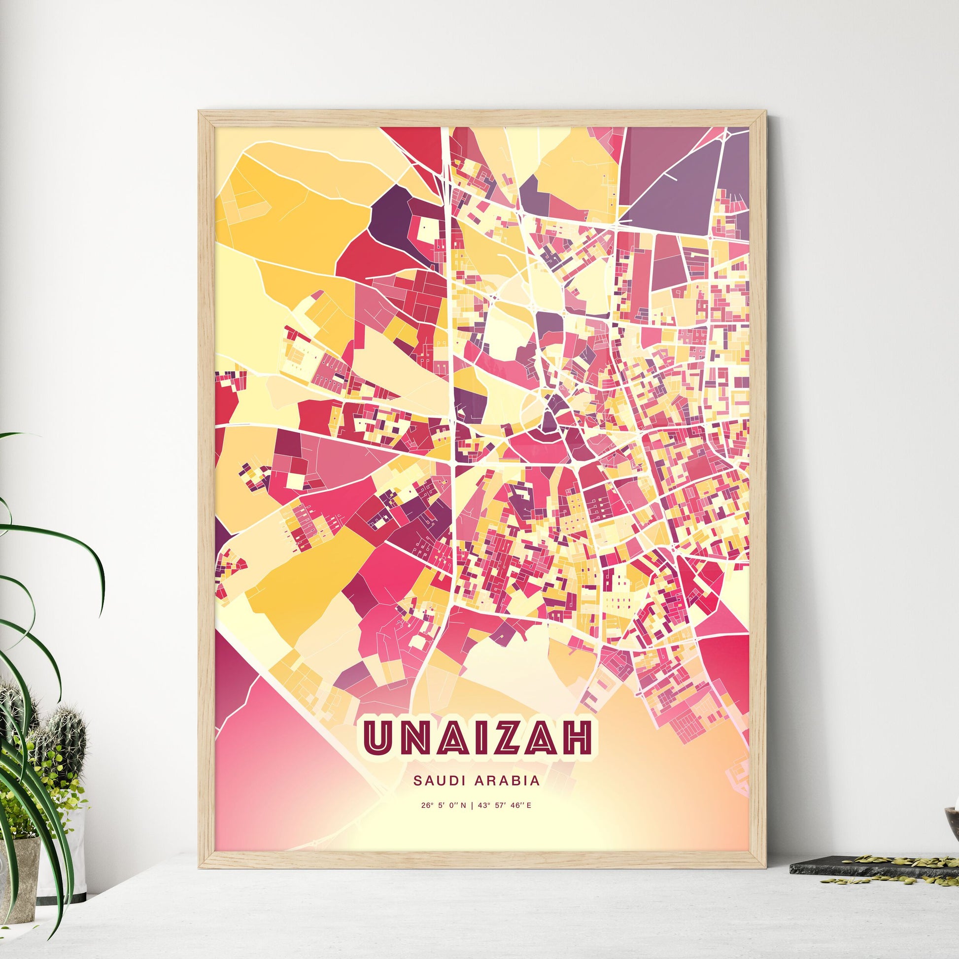 Colorful UNAIZAH SAUDI ARABIA Fine Art Map Hot Red