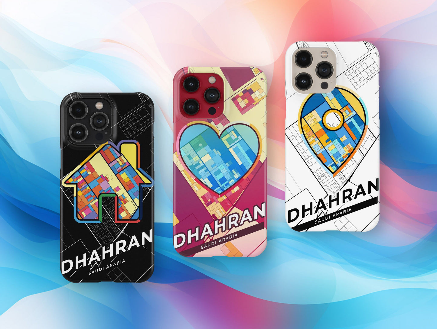 Dhahran Saudi Arabia slim phone case with colorful icon. Birthday, wedding or housewarming gift. Couple match cases.