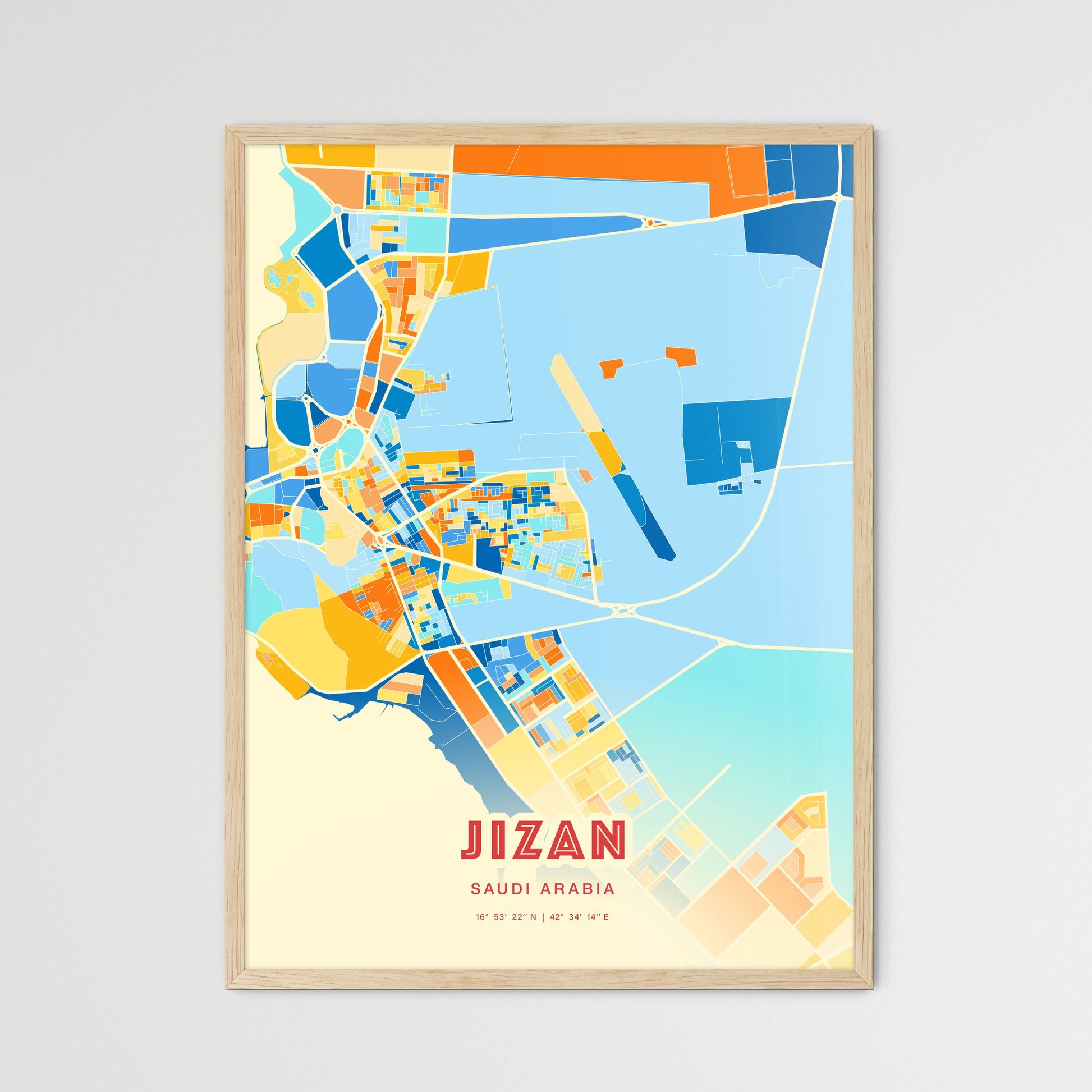 Colorful JIZAN SAUDI ARABIA Fine Art Map Blue Orange