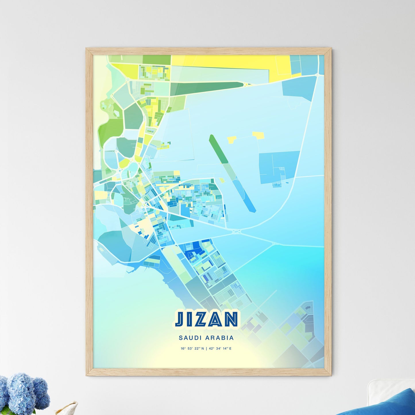 Colorful JIZAN SAUDI ARABIA Fine Art Map Cool Blue