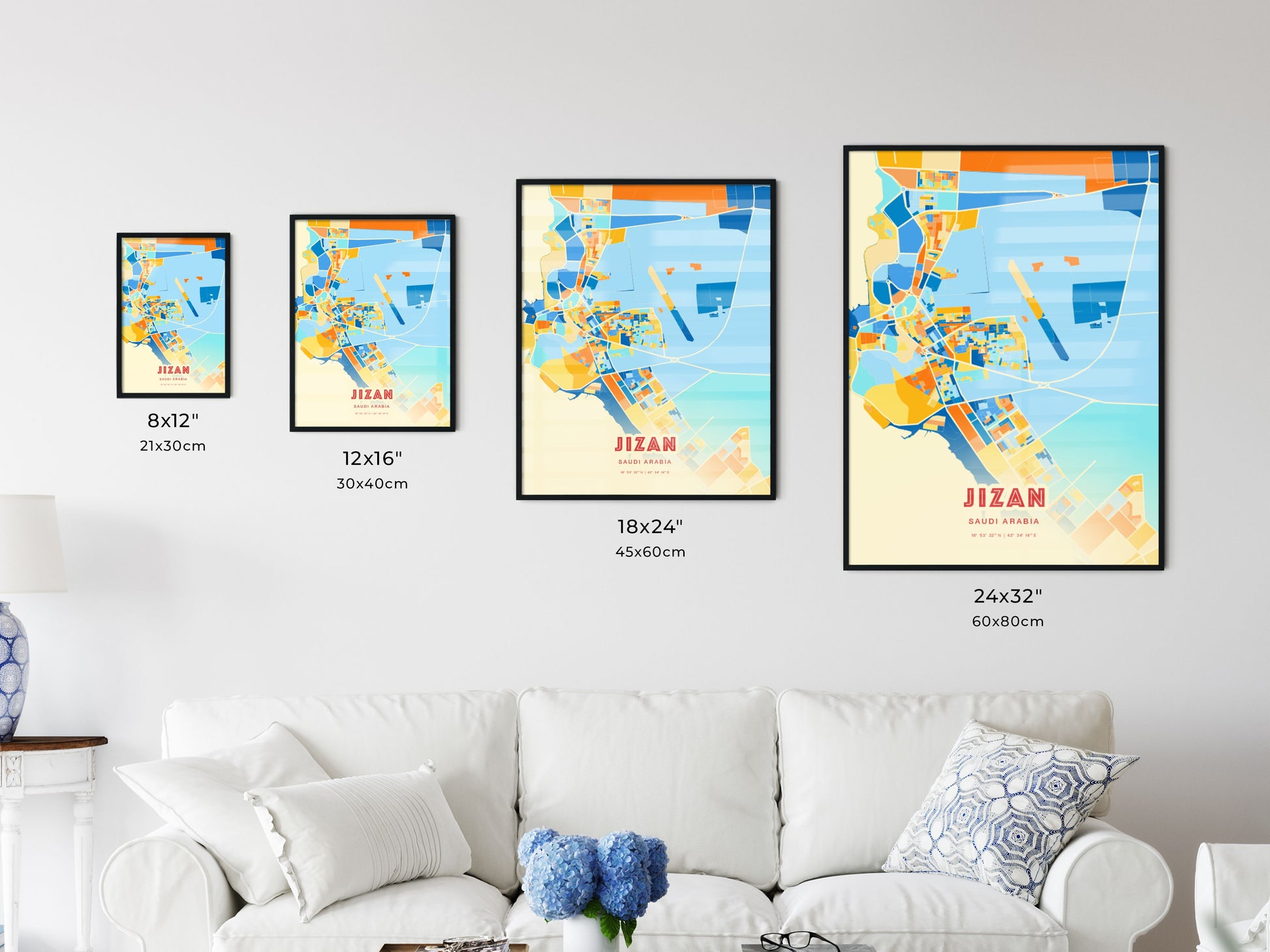 Colorful JIZAN SAUDI ARABIA Fine Art Map Blue Orange