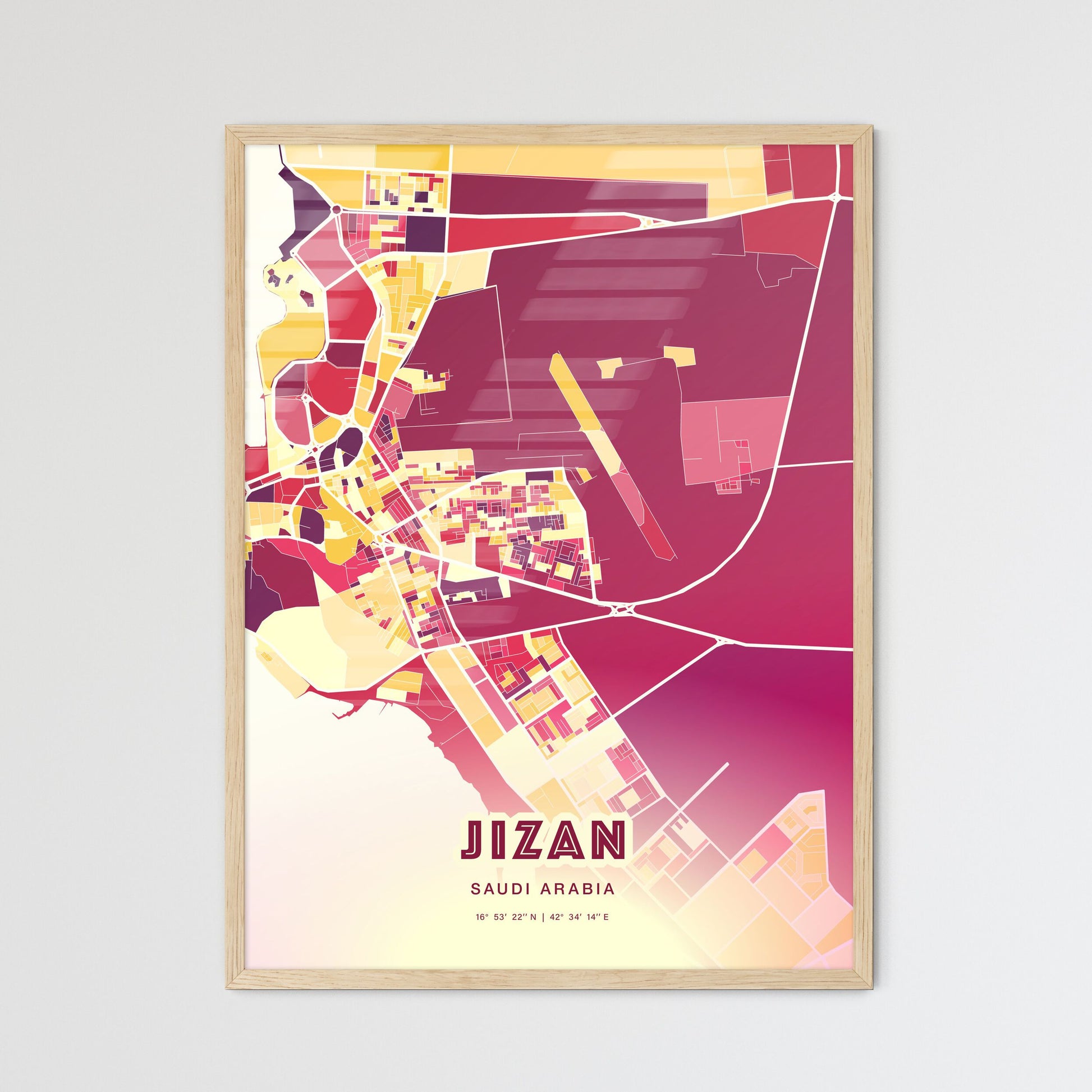 Colorful JIZAN SAUDI ARABIA Fine Art Map Hot Red