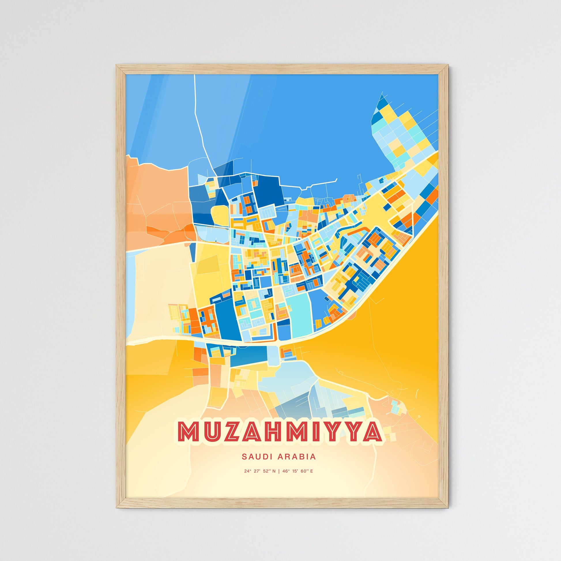 Colorful MUZAHMIYYA SAUDI ARABIA Fine Art Map Blue Orange