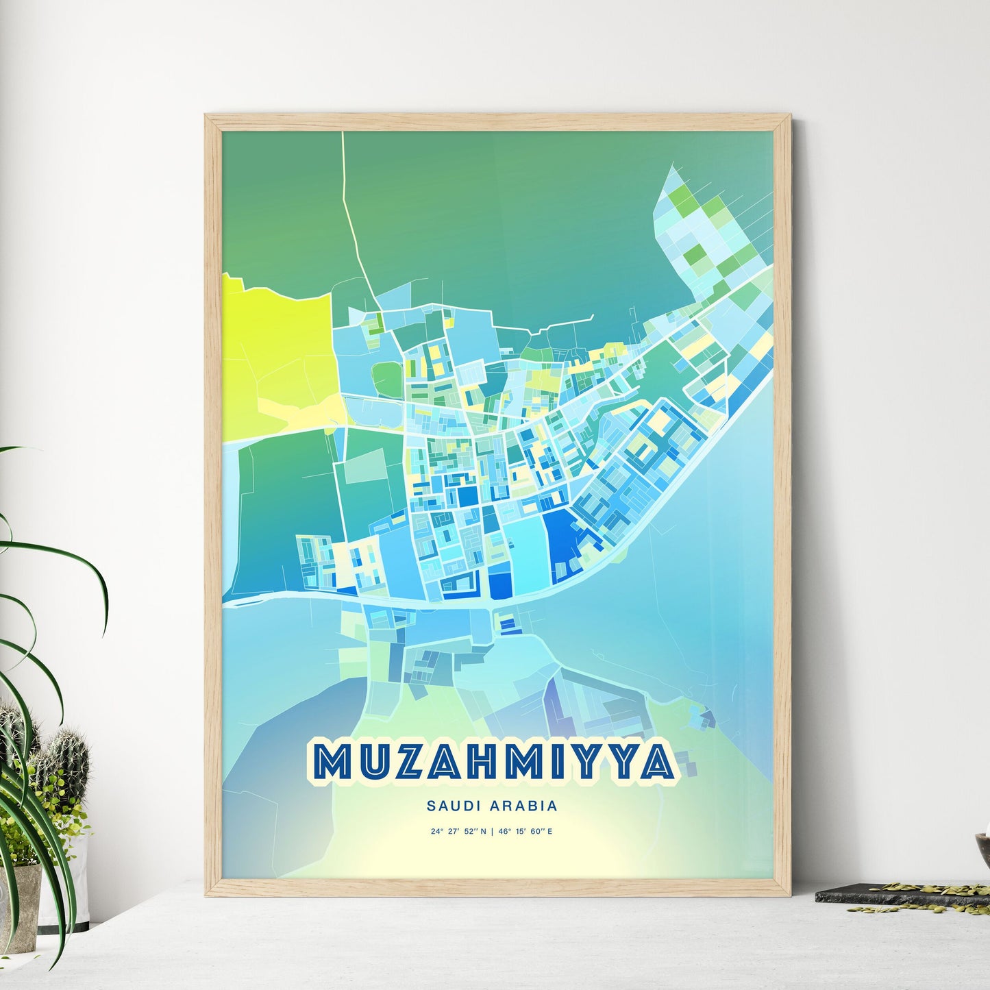 Colorful MUZAHMIYYA SAUDI ARABIA Fine Art Map Cool Blue