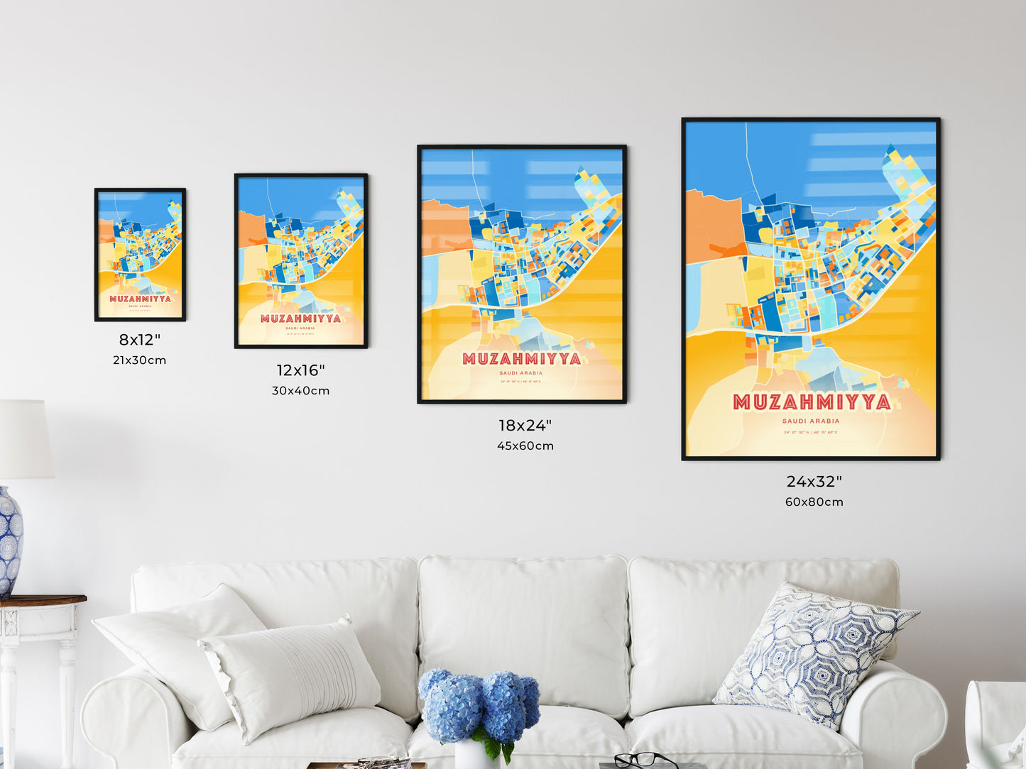 Colorful MUZAHMIYYA SAUDI ARABIA Fine Art Map Blue Orange
