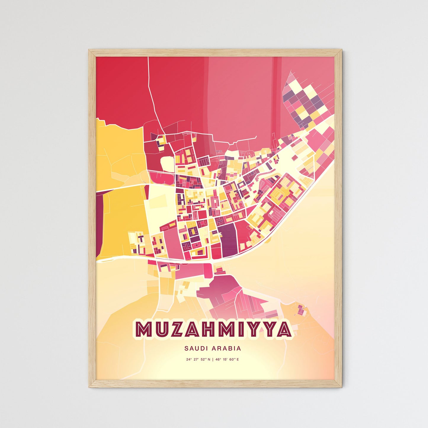 Colorful MUZAHMIYYA SAUDI ARABIA Fine Art Map Hot Red
