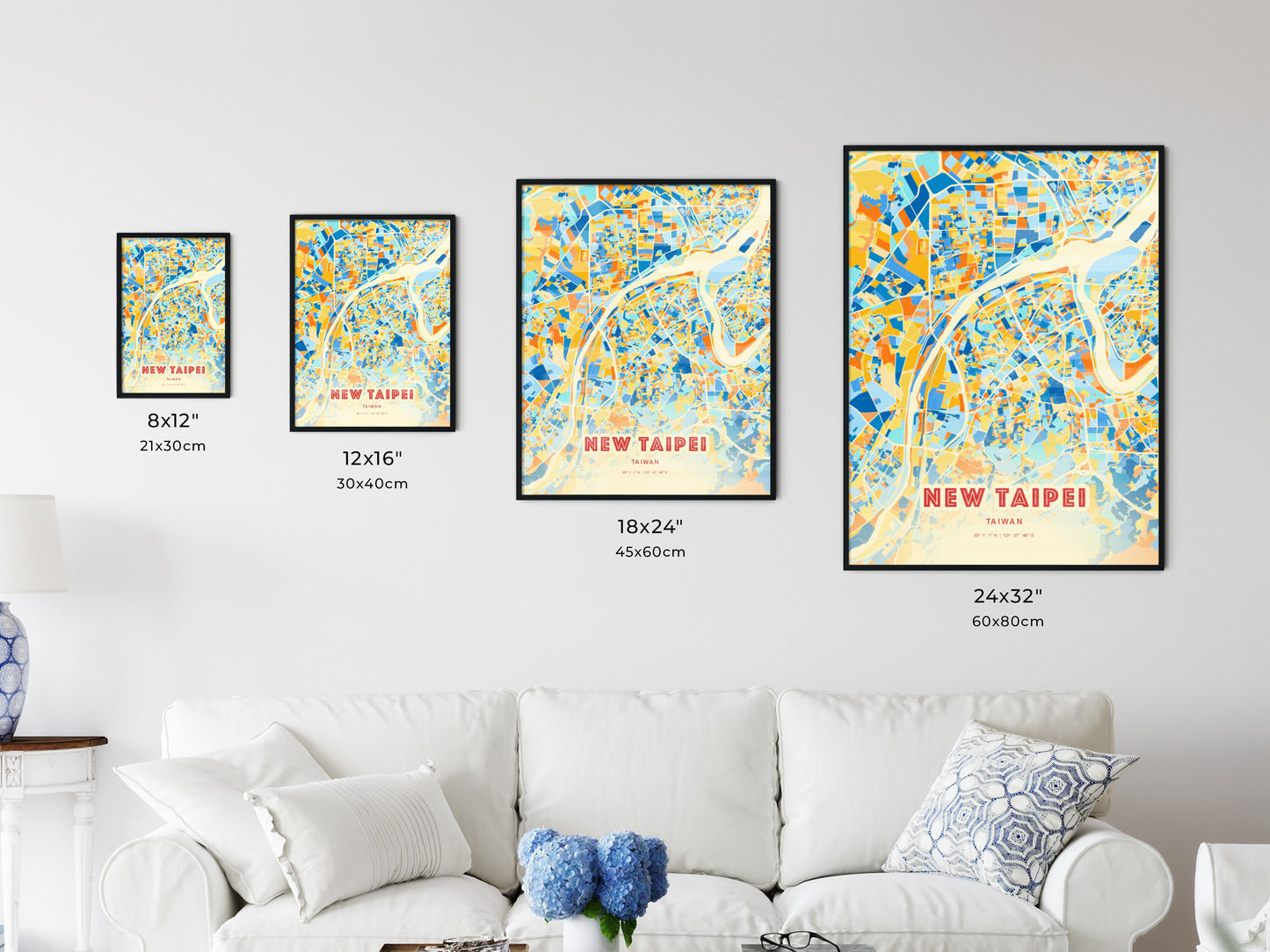 Colorful NEW TAIPEI TAIWAN Fine Art Map Blue Orange