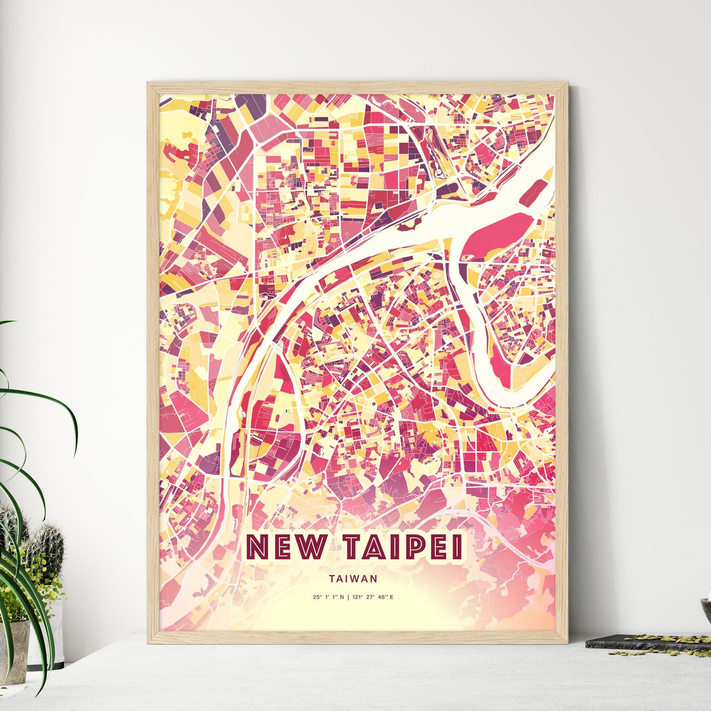 Colorful NEW TAIPEI TAIWAN Fine Art Map Hot Red