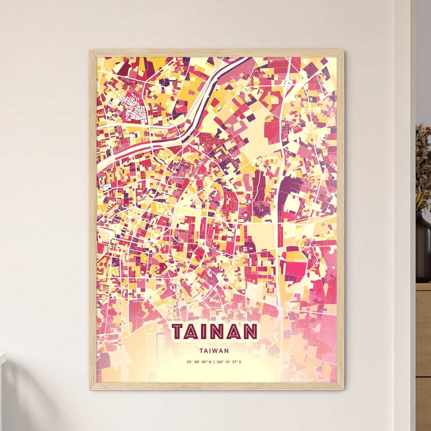 Colorful TAINAN TAIWAN Fine Art Map Hot Red