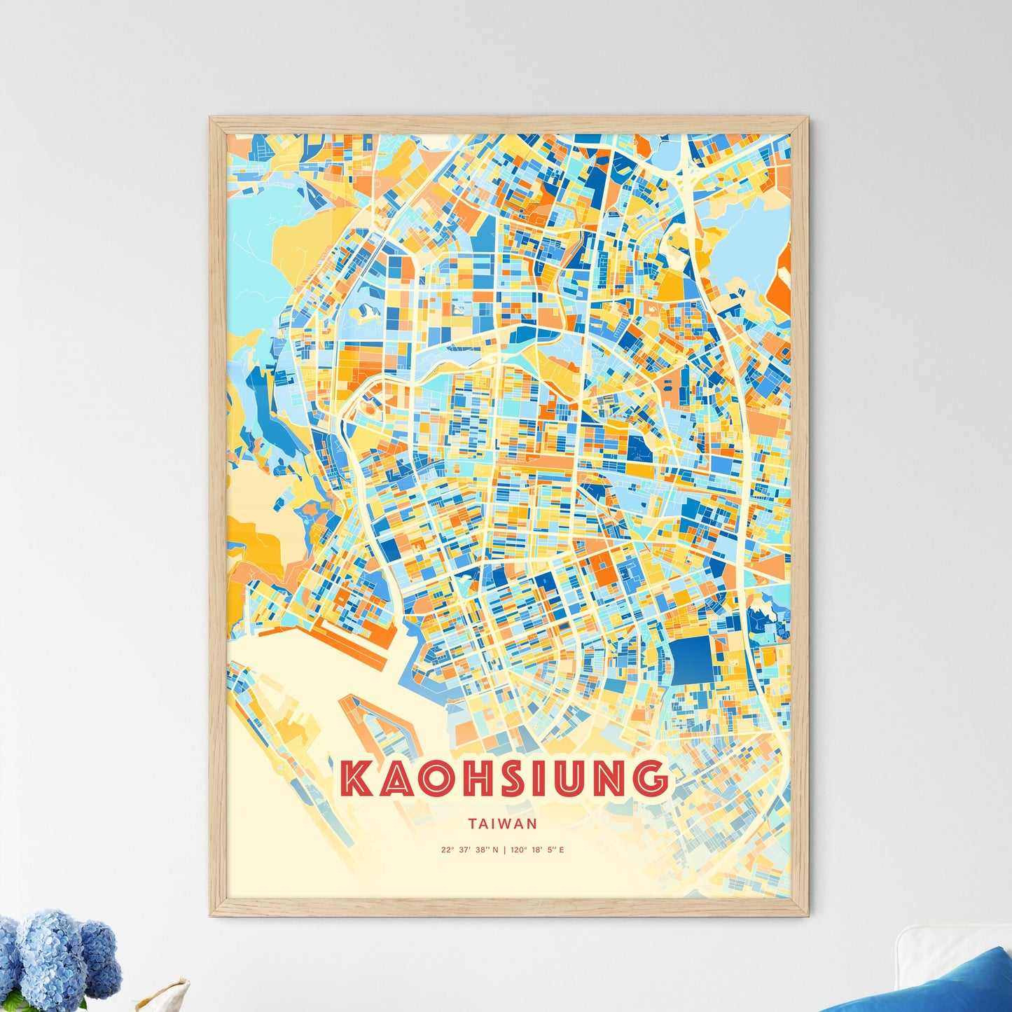 Colorful Kaohsiung Taiwan Fine Art Map Blue Orange
