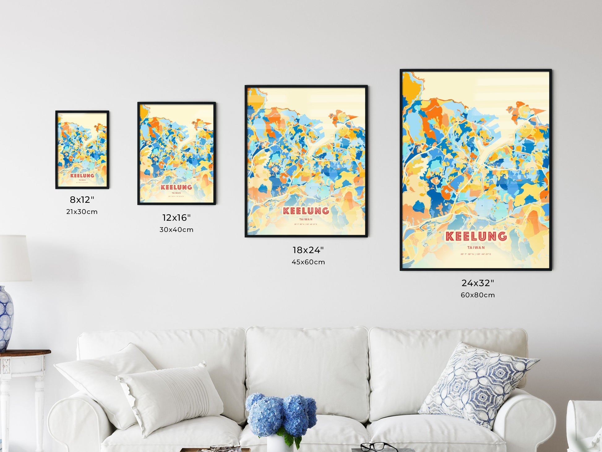 Colorful KEELUNG TAIWAN Fine Art Map Blue Orange