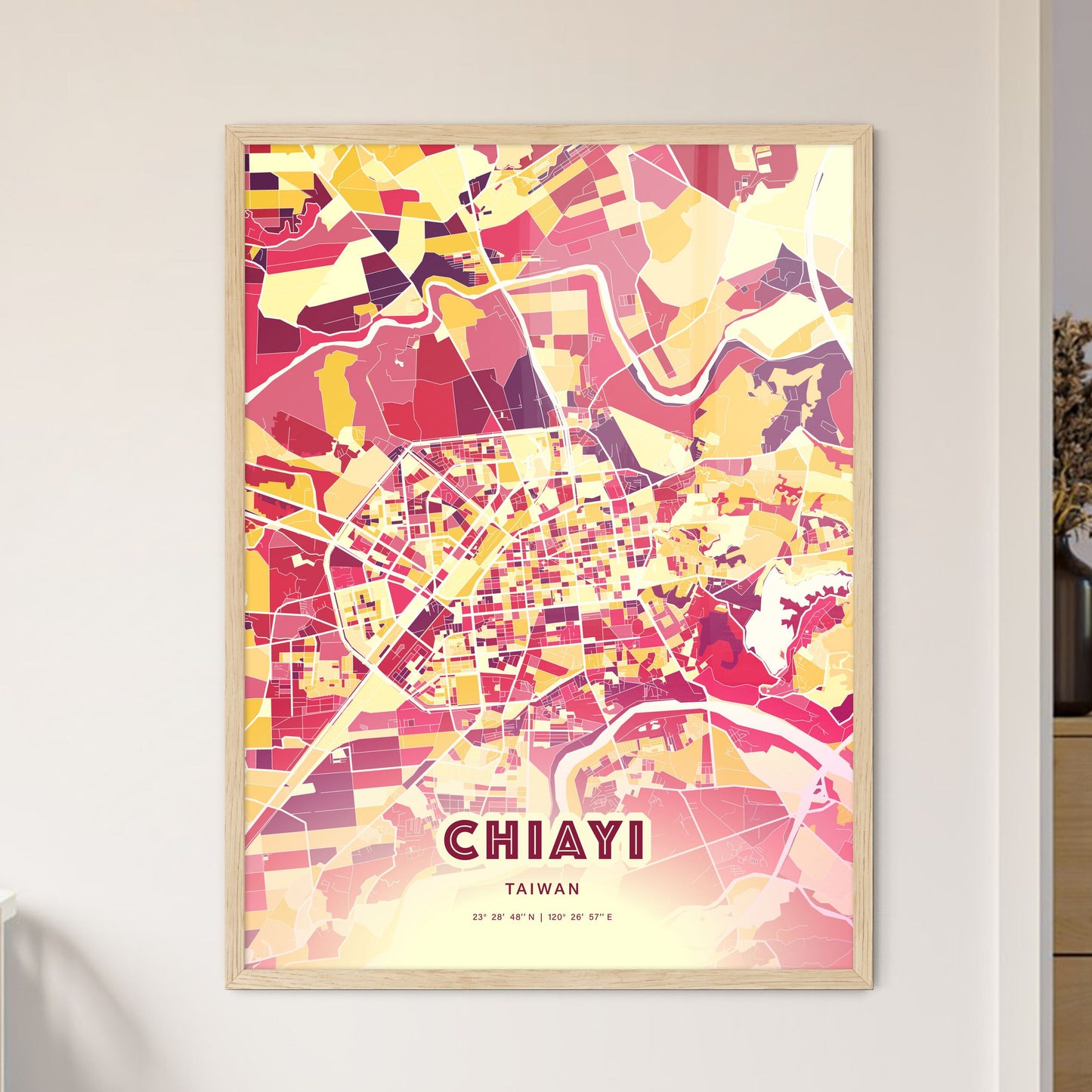 Colorful CHIAYI TAIWAN Fine Art Map Hot Red