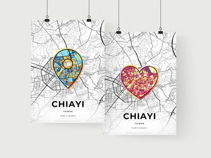 CHIAYI TAIWAN minimal art map with a colorful icon. Where it all began, Couple map gift.
