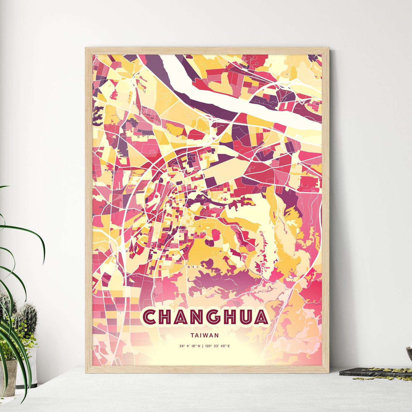 Colorful CHANGHUA TAIWAN Fine Art Map Hot Red