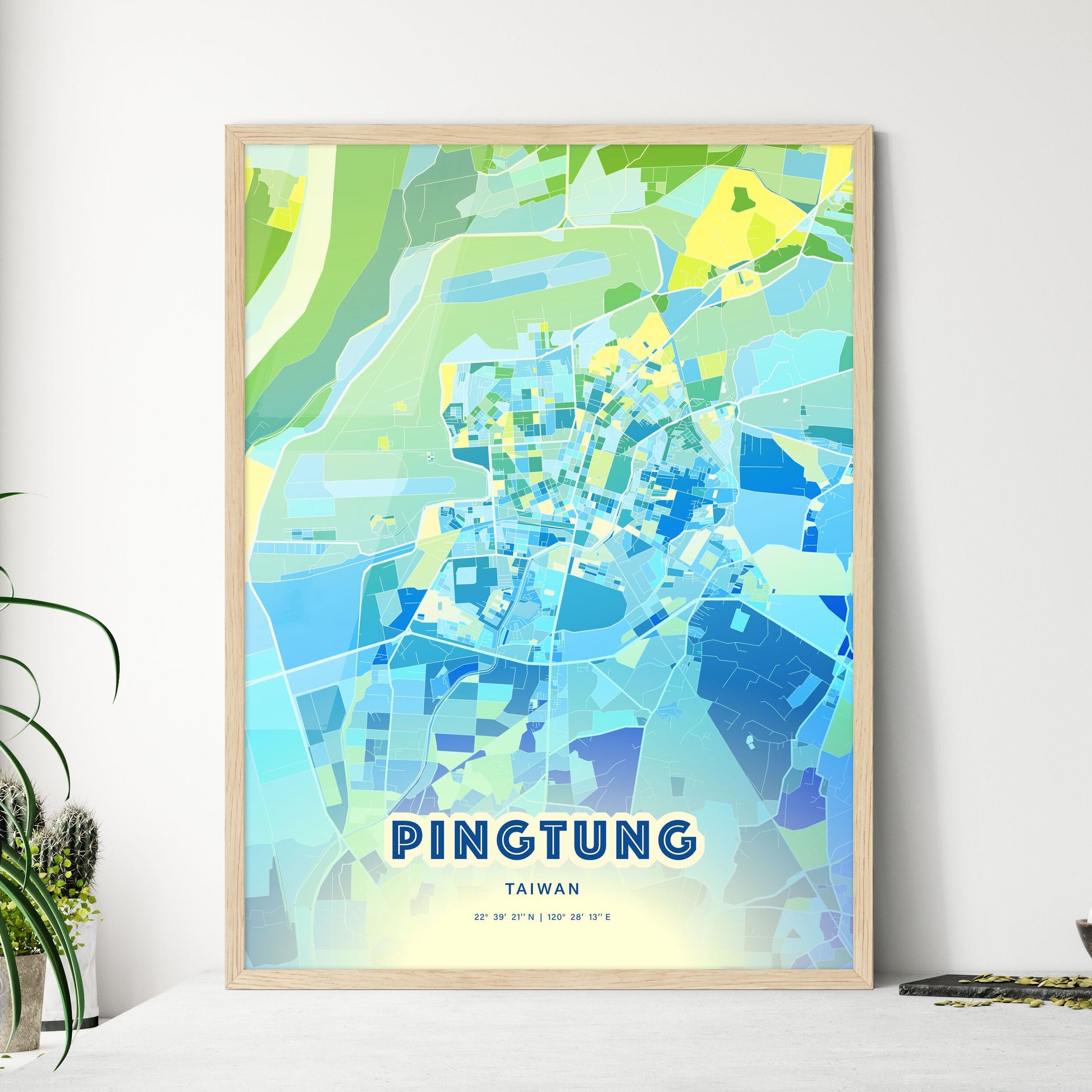 Colorful PINGTUNG TAIWAN Fine Art Map Cool Blue