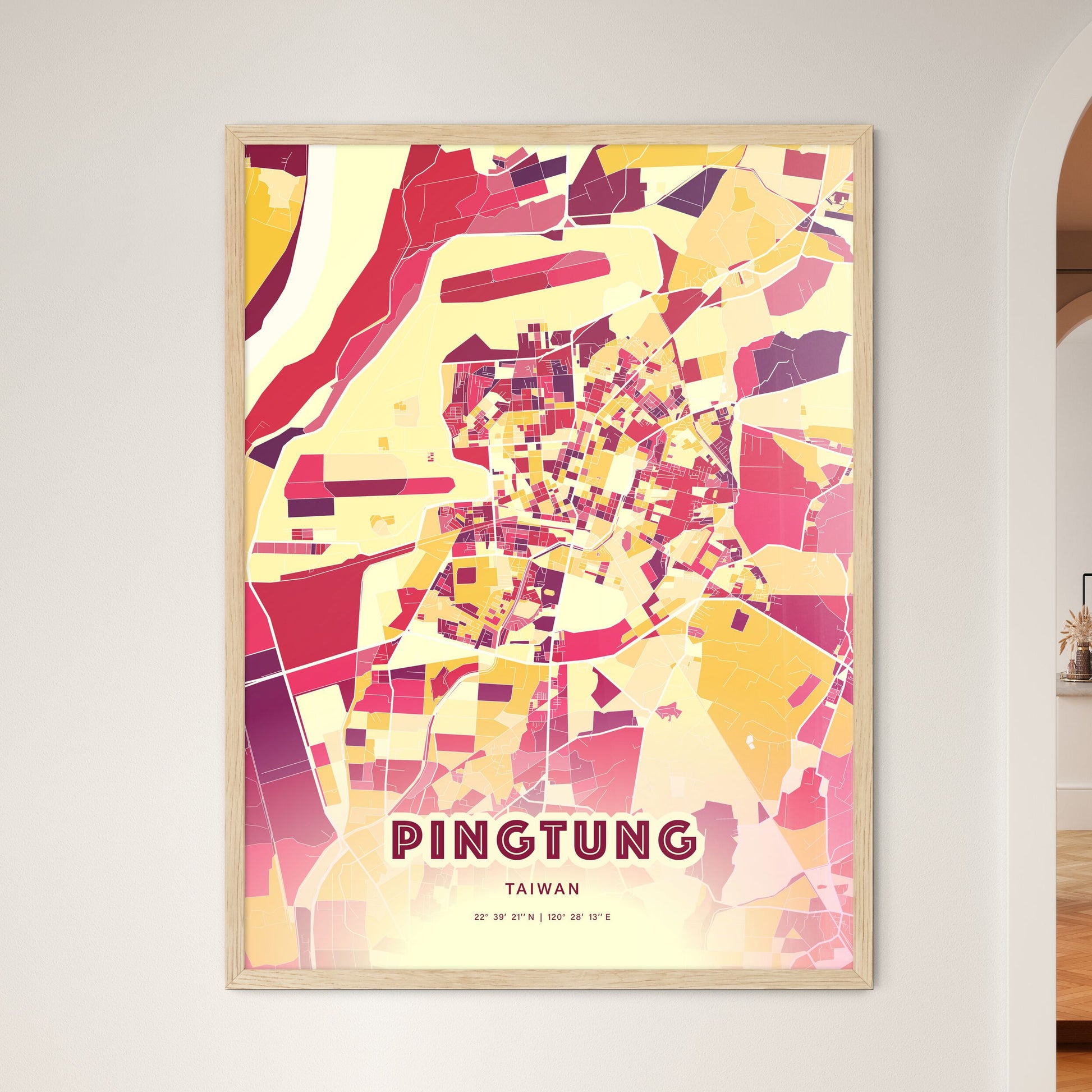 Colorful PINGTUNG TAIWAN Fine Art Map Hot Red