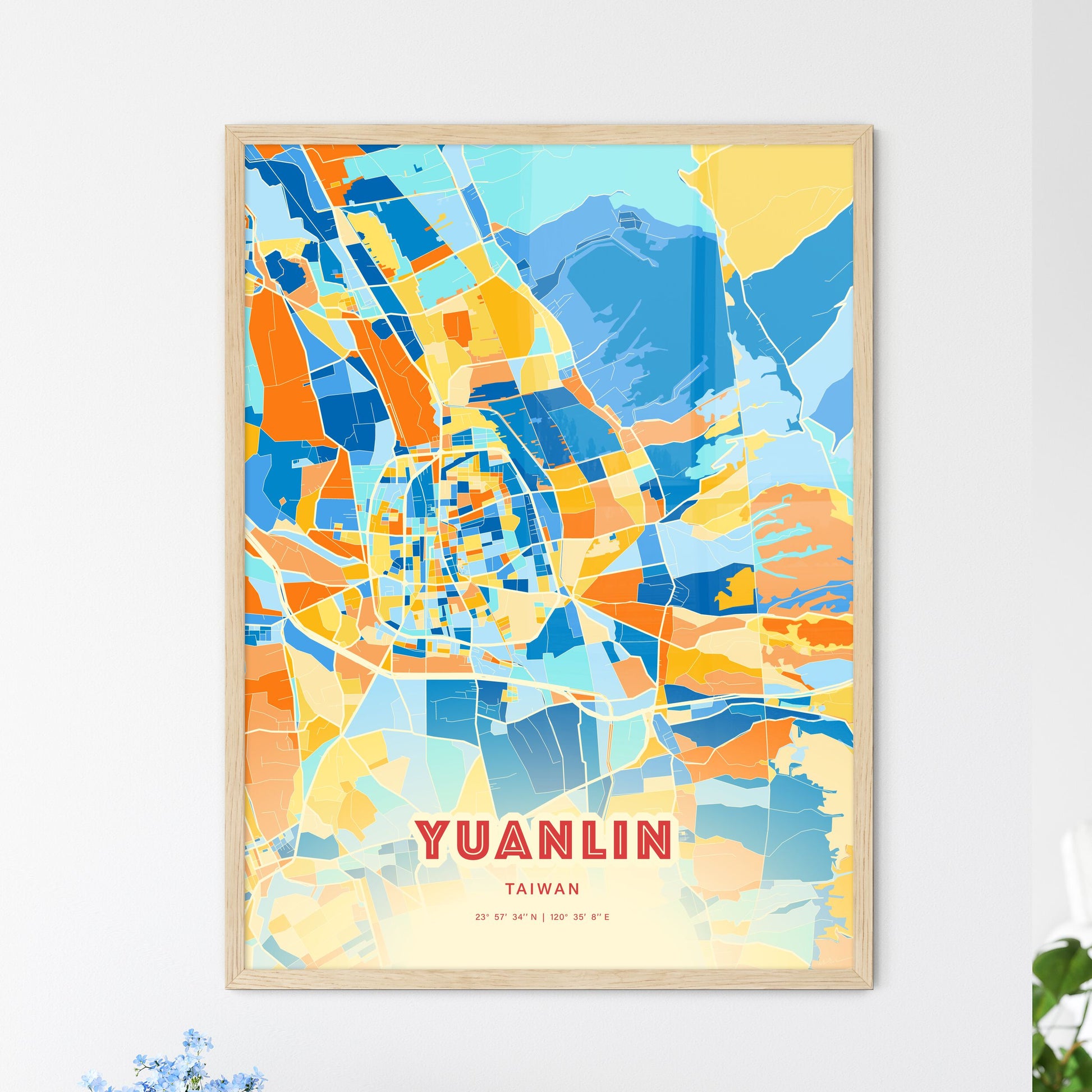 Colorful YUANLIN TAIWAN Fine Art Map Blue Orange