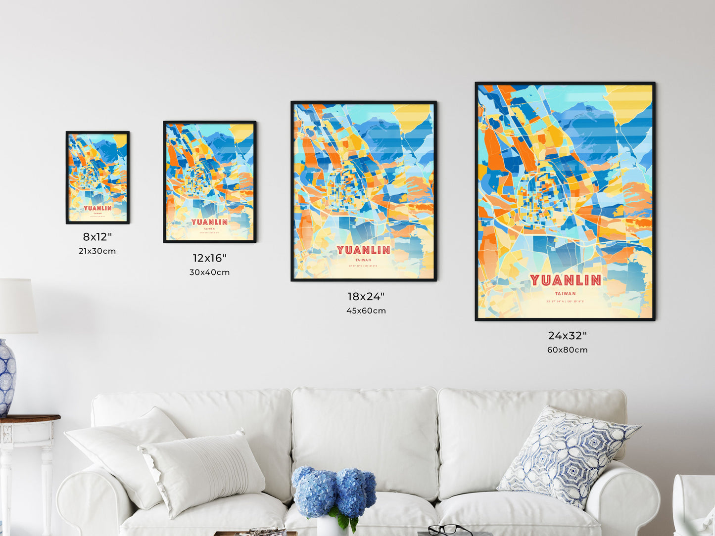 Colorful YUANLIN TAIWAN Fine Art Map Blue Orange