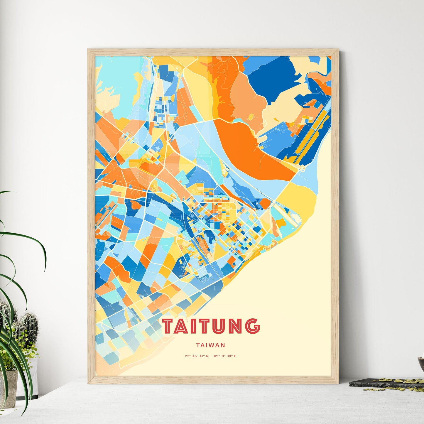 Colorful TAITUNG TAIWAN Fine Art Map Blue Orange