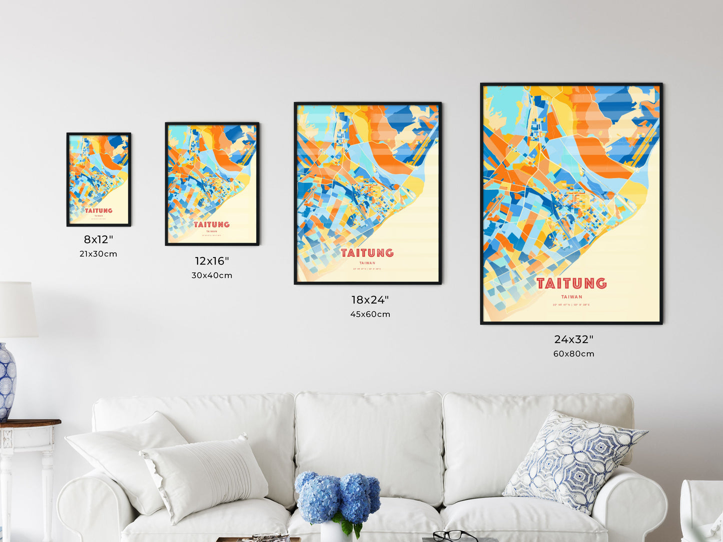 Colorful TAITUNG TAIWAN Fine Art Map Blue Orange