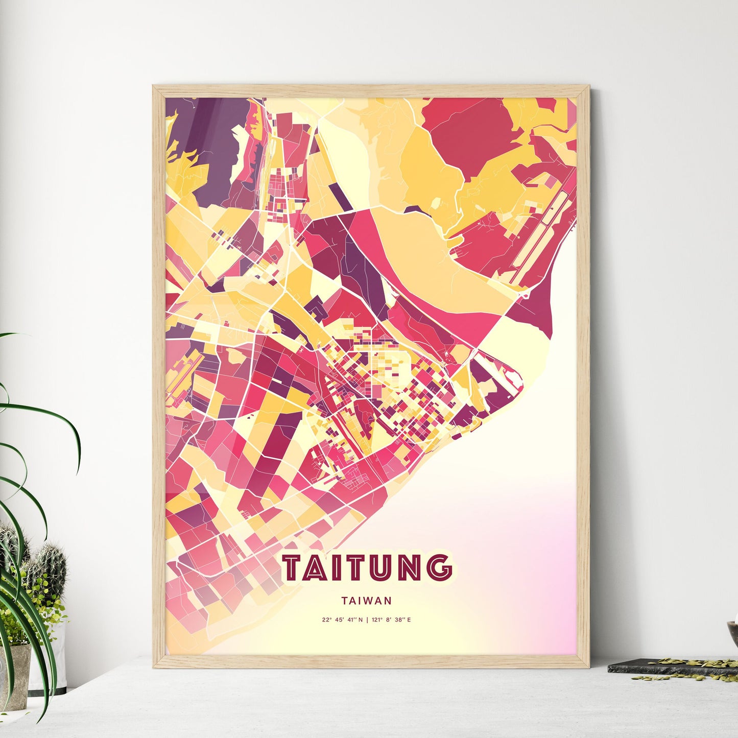 Colorful TAITUNG TAIWAN Fine Art Map Hot Red