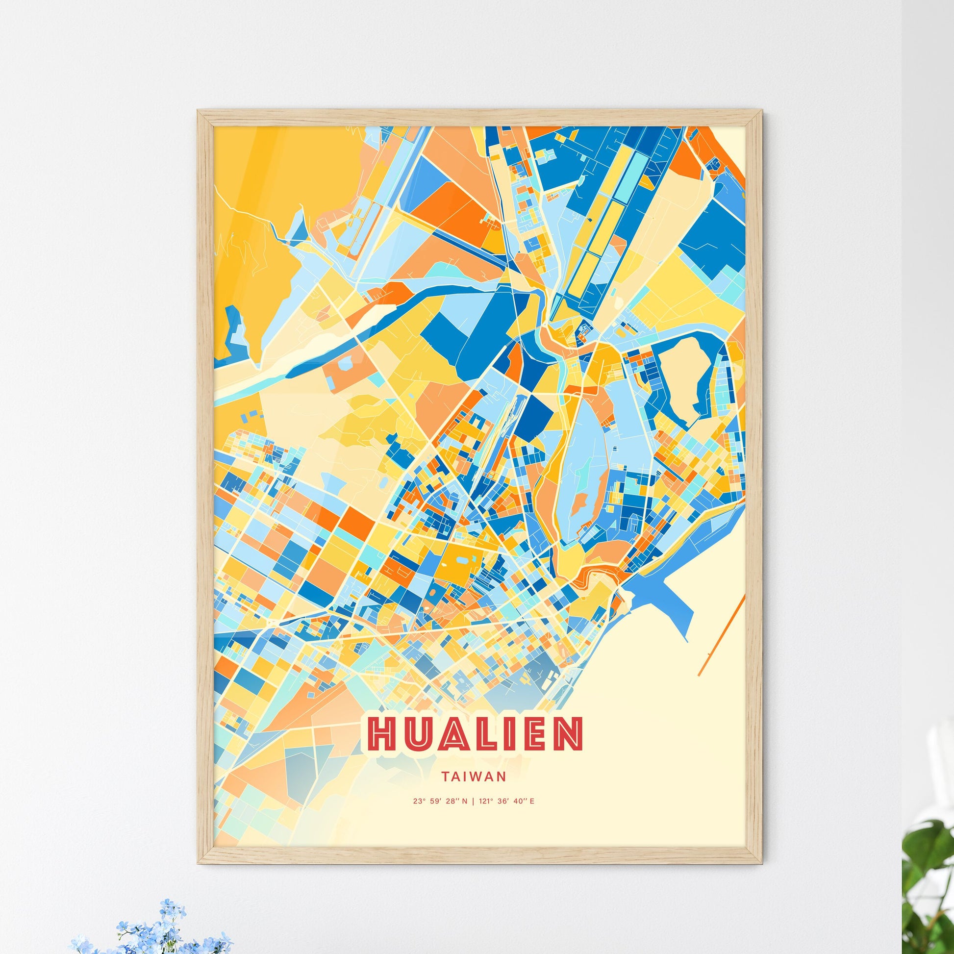 Colorful HUALIEN TAIWAN Fine Art Map Blue Orange